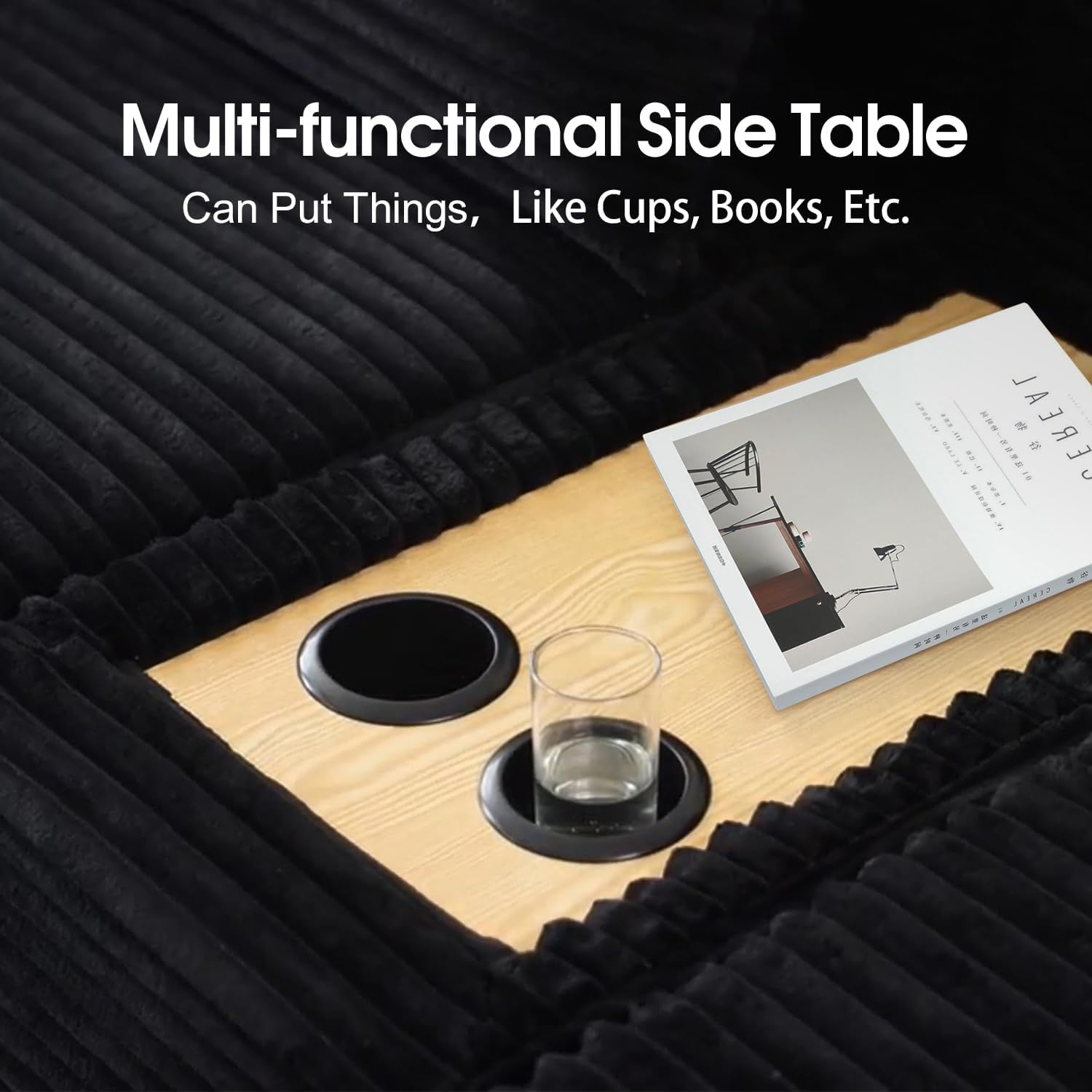 91''Oversized Double Lounge Chaise Sofa Bed with Side Table, Boneless Cloud Couch Deep Seat, No Assembly Required, Modern Corduroy Sleeper Loveseat Chair for Living Room Bedroom Reading(Black)