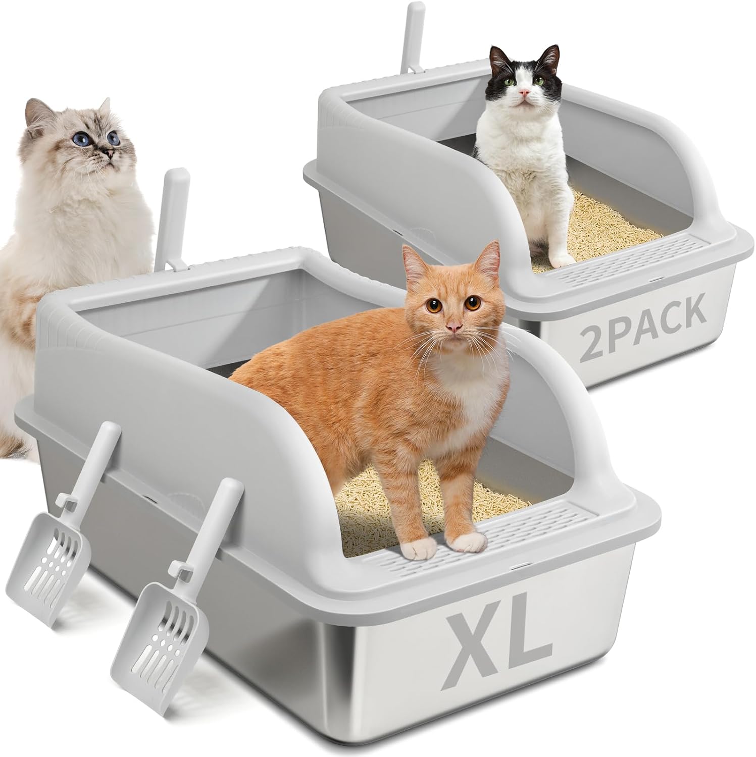 2PACK Stainless Steel Litter Boxes with Lid High Sides for Big Cats, 23.5"L x 15.5"W x11.8"H, Fashion Extra Large Metal Kitty Litter Boxs with Two Scoops, Leak-Proof,Odorless,Non-Stick,Easy Cleaning