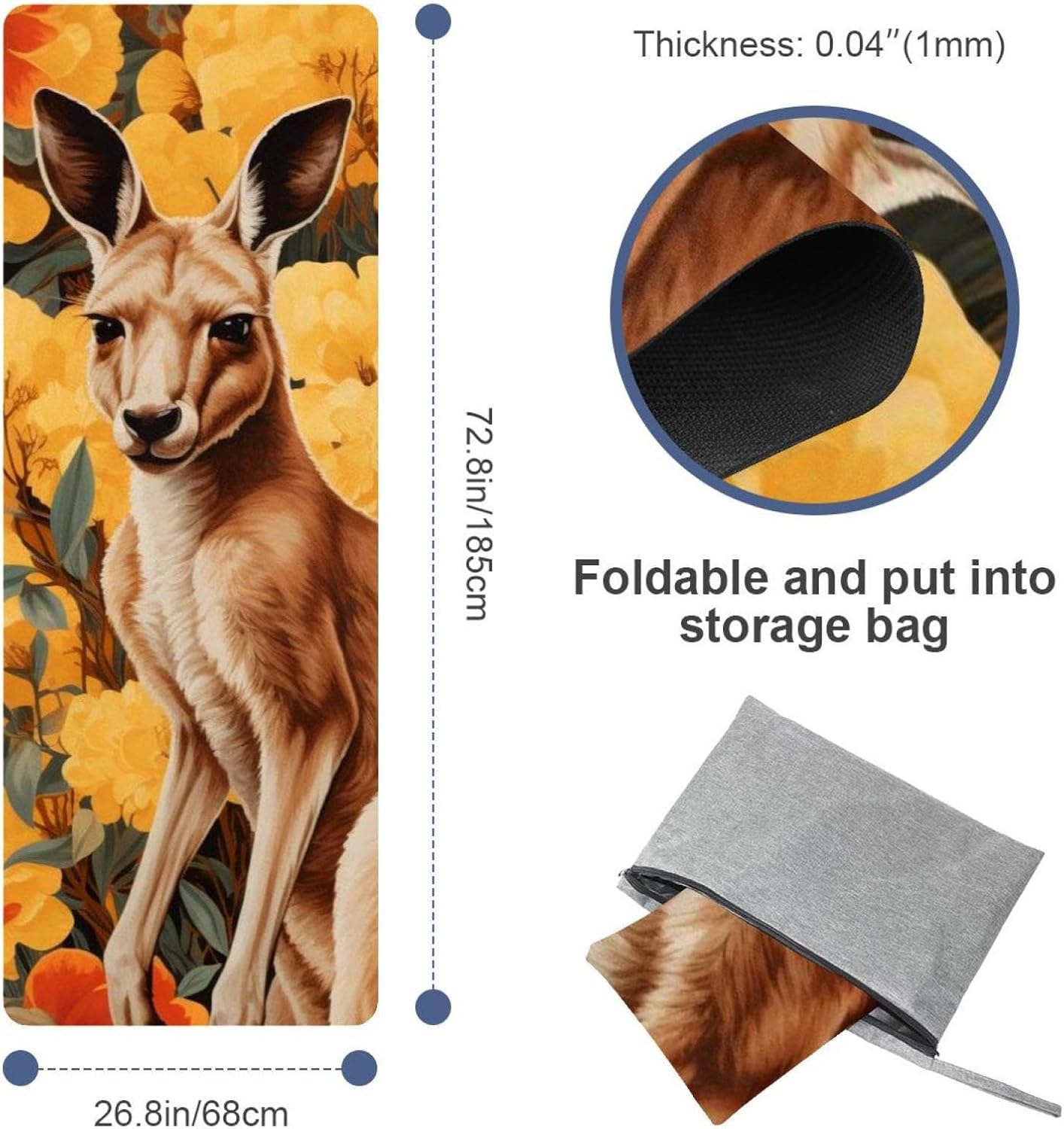 Yoga Towel, Kangaroo Pattern Non Slip Sweat Absorbent Hot Yoga Mat Towel for Hot Yoga, Pilates and Fitness - 72.8" x 26.8"