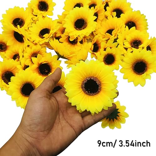 Vista 4 de Woohome 120 cabezas de girasol artificiales en amarillo, 2.8 pulgadas y 3.5 pulgadas, girasoles de seda para el hogar, jardín, boda, fiesta