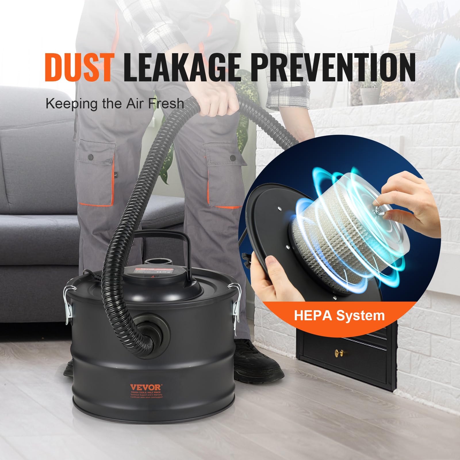 VEVOR Aspirador de Cenizas, 15 L, Potente Succión de 1200 W, con Succión Inversa, Cable de Alimentación de 3 m, 16 kPa de Aspiración Máxima, para Chimeneas, Estufas de Pellets, 320 x 315 x 250 mm
