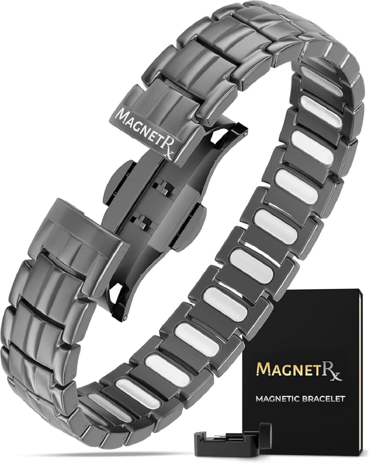 MagnetRX Magnetic Bracelets for Men - EllipseMAX 5X Strength 5,000 Gauss Magnets - Designed in USA & Patent Pending - Premium Titanium Mens Magnetic Bracelet & Adjustable Length (Gunmetal)