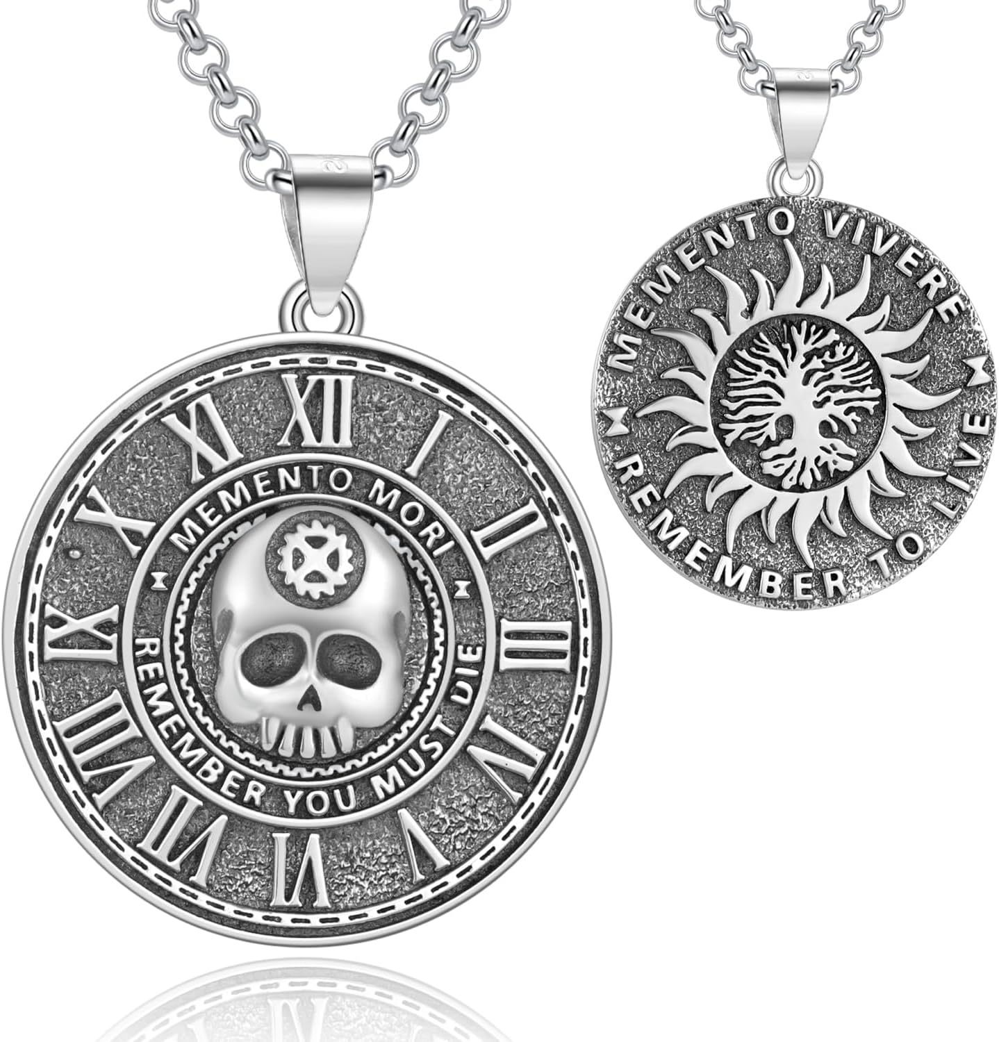 LES OSEWA Memento Mori Necklace for Men 925 Sterling Silver Memento Mori Pendant Gothic Skull Pendant Halloween Jewelry Gifts