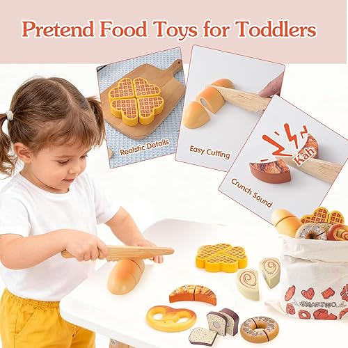 Miniatura 3 de Juego de madera para panadería, juguetes de comida, juego de cocina para niños, accesorios de cocina con bolsa de almacenamiento, regalo educativo