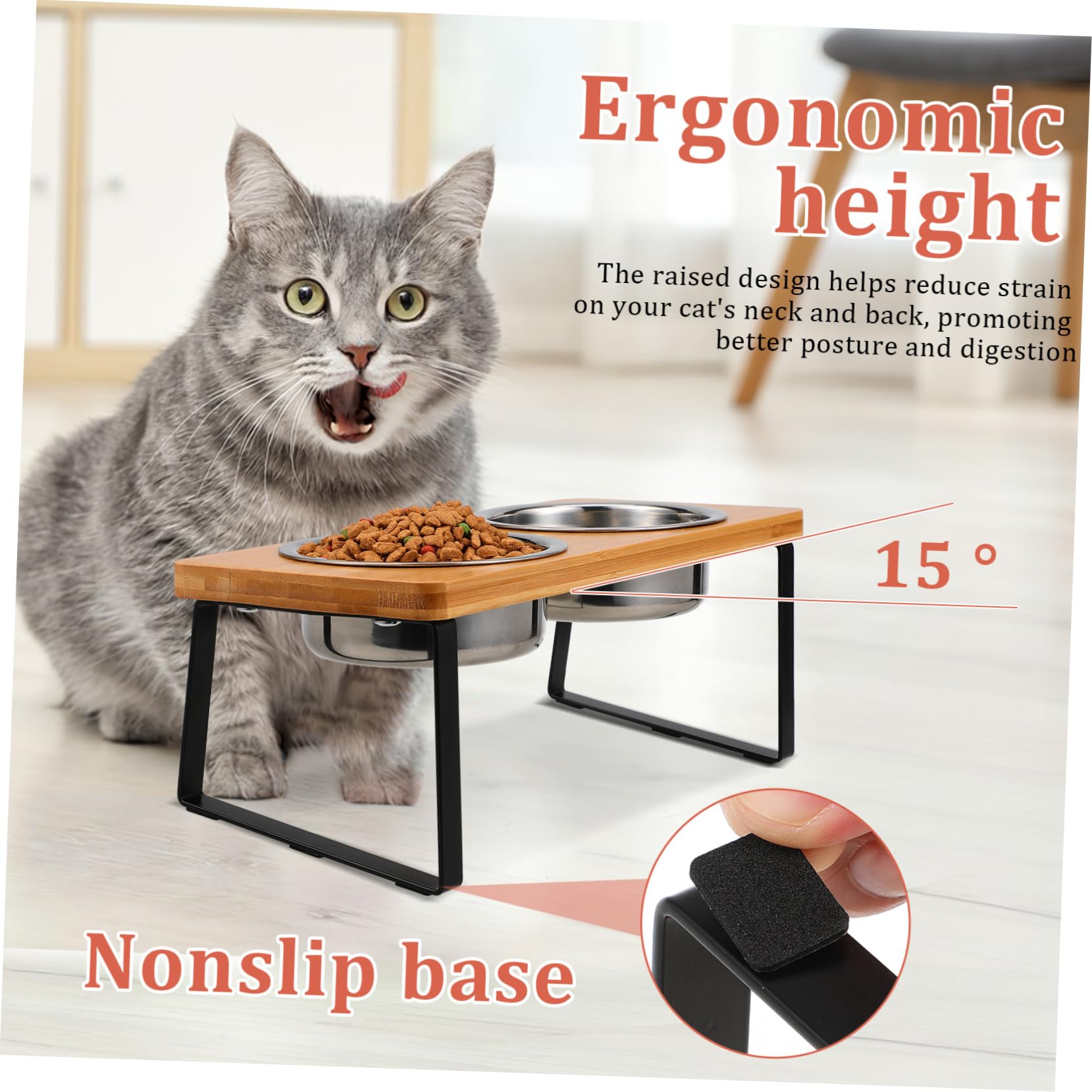 Comedero Elevado para Gatos con Soporte, Doble Cuenco de Acero Inoxidable | Base Antideslizante, Diseño Ergonómico, Uso Interior, Apto para Gato y Perro Pequeño