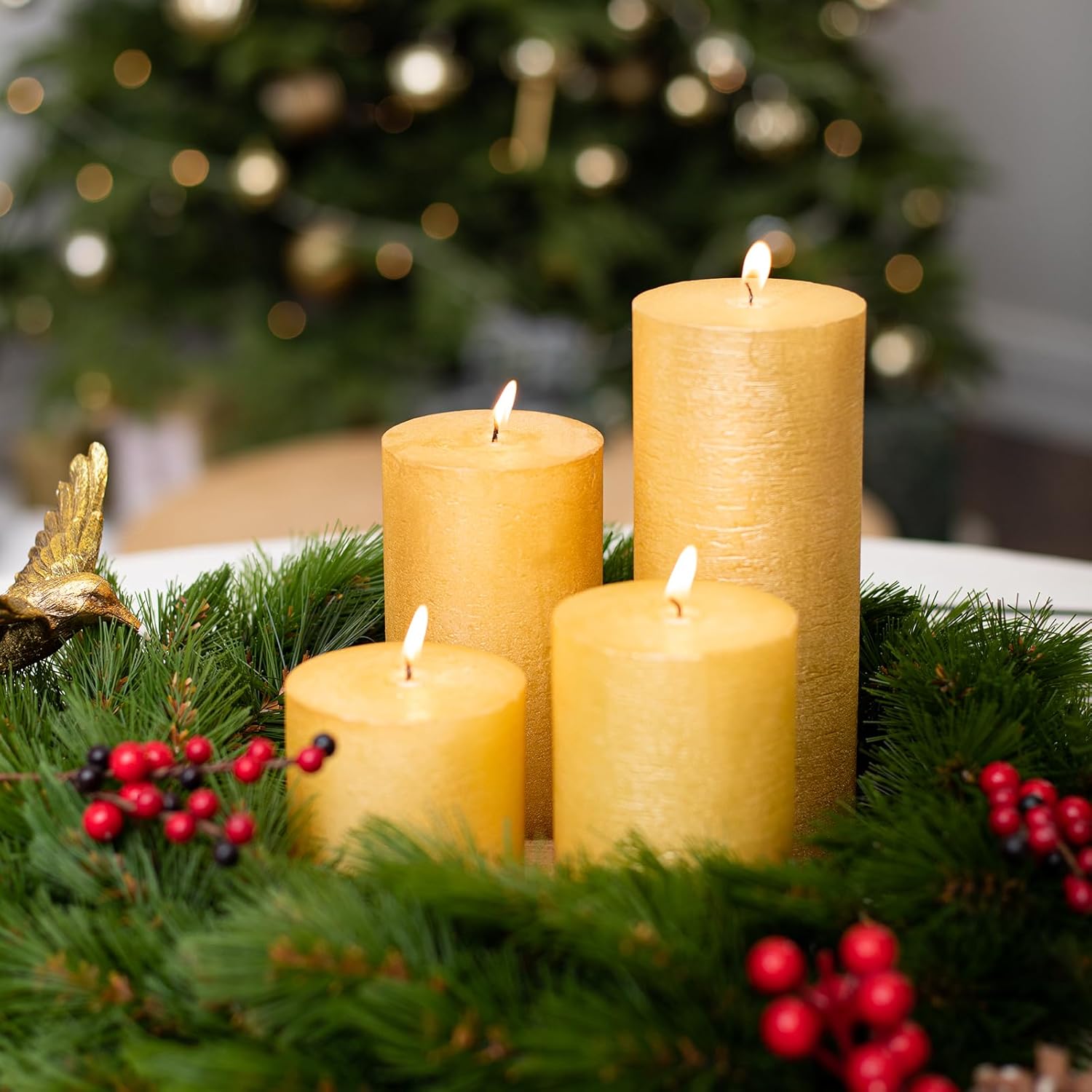 CANDWAX 3x3 Inch Gold Pillar Candles Set of 3 - Unscented No Drip Glitter Gold Candles for Weddings, Centerpieces, Home Décor, Christmas Decorations - Image 6