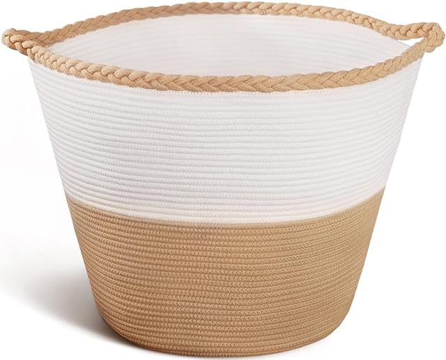 Rope Laundry Basket Large Storage Basket Rope Basket Blanket Basket Cotton Rope Basket Woven Basket Toy Basket Versatile Round with Sturdy Handles Wide Mouth White & Brown 61L