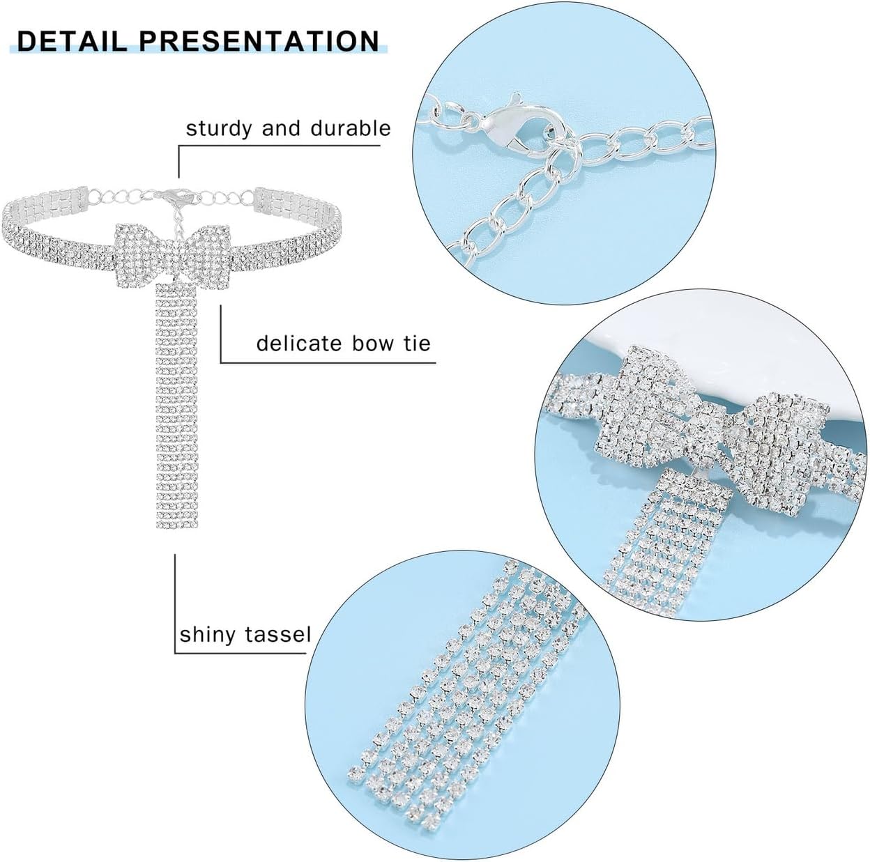 ELABEST Rhinestone Bowknot Necklace Sparkly Tassel Choker Crystal Bow Tie Tennis Chain for Women(Silver) - Image 5