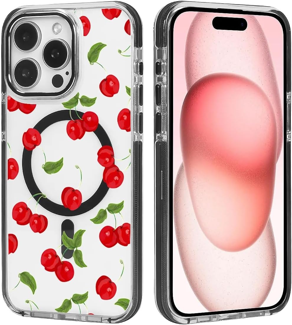 for iPhone 15 Clear Case, Campatible with Magsafe,Fresh Red Cherry Soft TPU Slim Magnetic for Women Girl Protective Case for iPhone 15-6.1 Inch (Black)