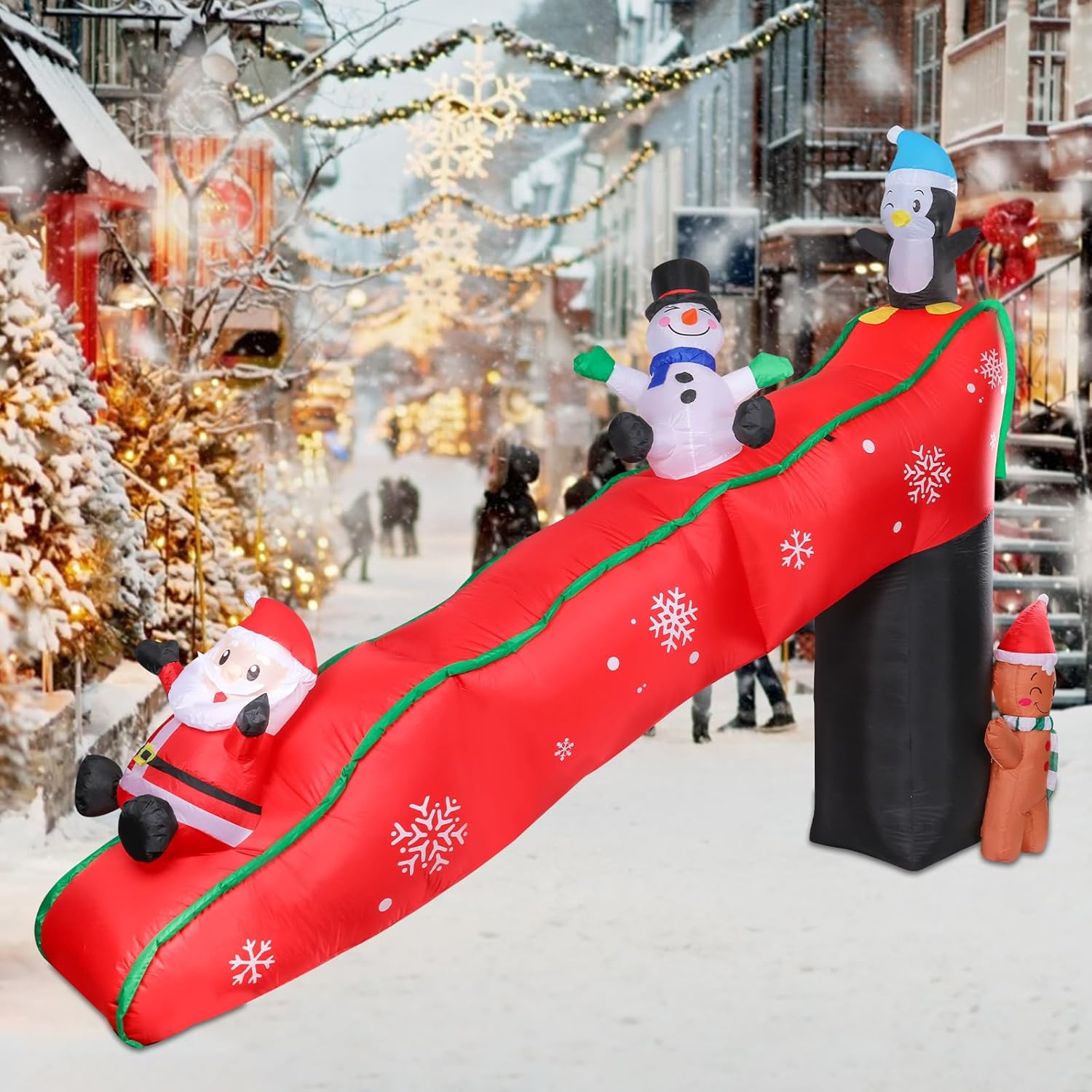 9.7 Ft Long Christmas Inflatables Christmas Blow Up Yard Decorations Christmas Inflatable Santa Clause Snowman Penguin Gingerbread Man Play on Slide Lighted Up Yard Lawn Garden Home Party Decor