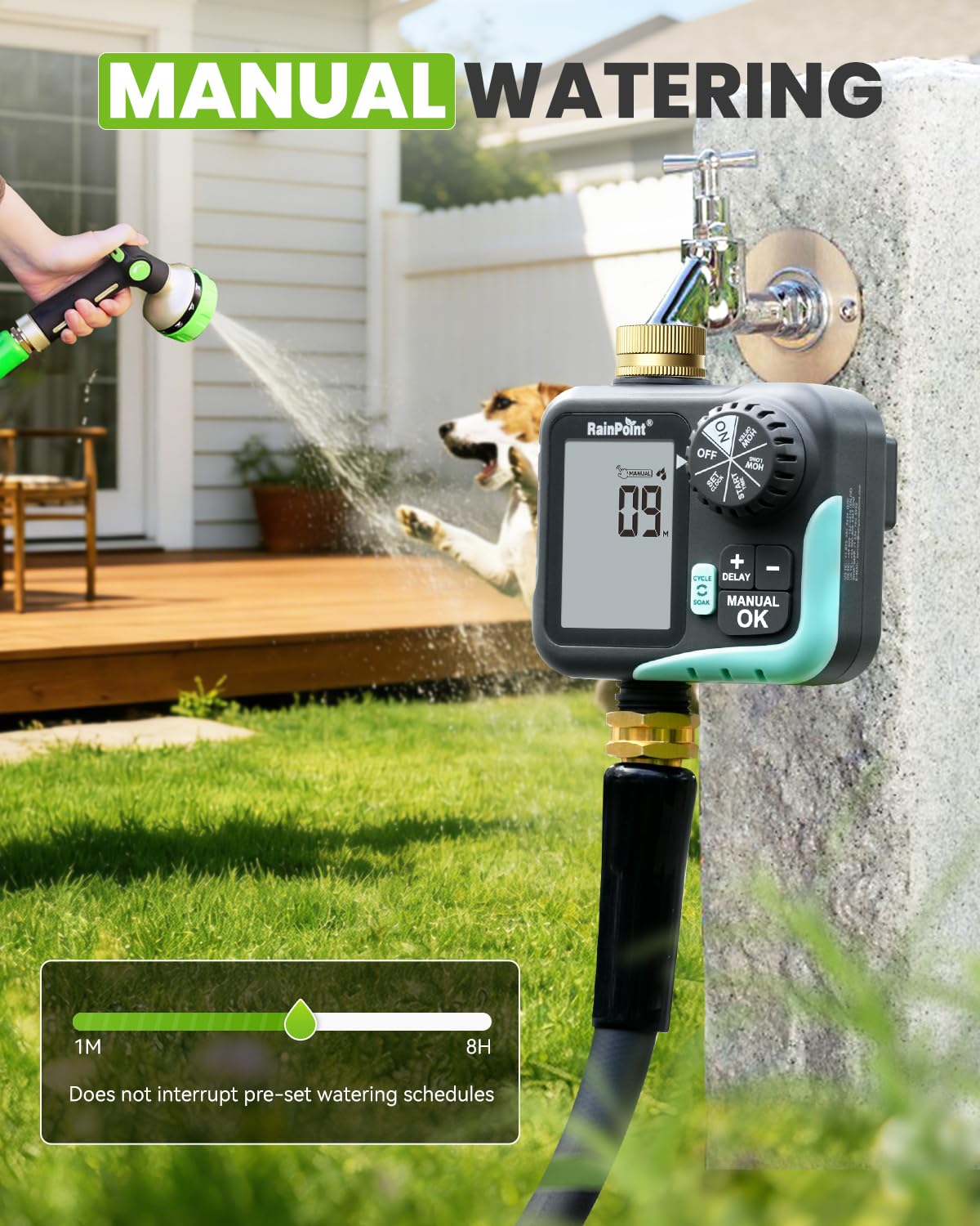RAINPOINT Timer irrigatore per tubo da giardino, timer con ciclo e ammollo/ritardo pioggia/irrigazione automatica/irrigazione manuale, sistema di irrigazione programmabile con ampio display per prato