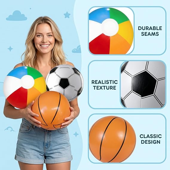 3 PCS Inflatable Beach Balls, 11 Inch Football Basketball Beach Ball Design, Beach Balls for Pool Games, Summer Party, Beach Recreation and Other Outdoor Entertainment