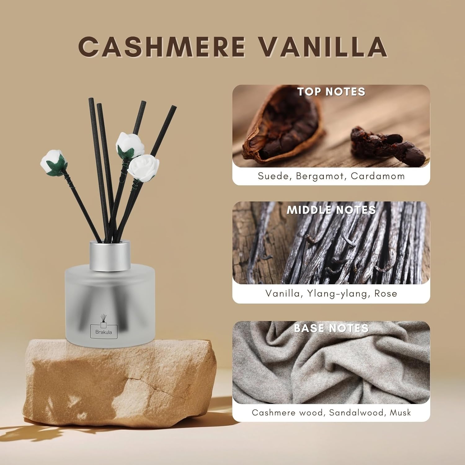 Brakula Reed Diffuser Cashmere Vanilla Scented， Reed diffusers for Home， Home Fragrance Diffuser with 7 Reed Sticks for Room/Bathroom Decor 3.38 fl oz (Cashmere Vanilla) - Image 3