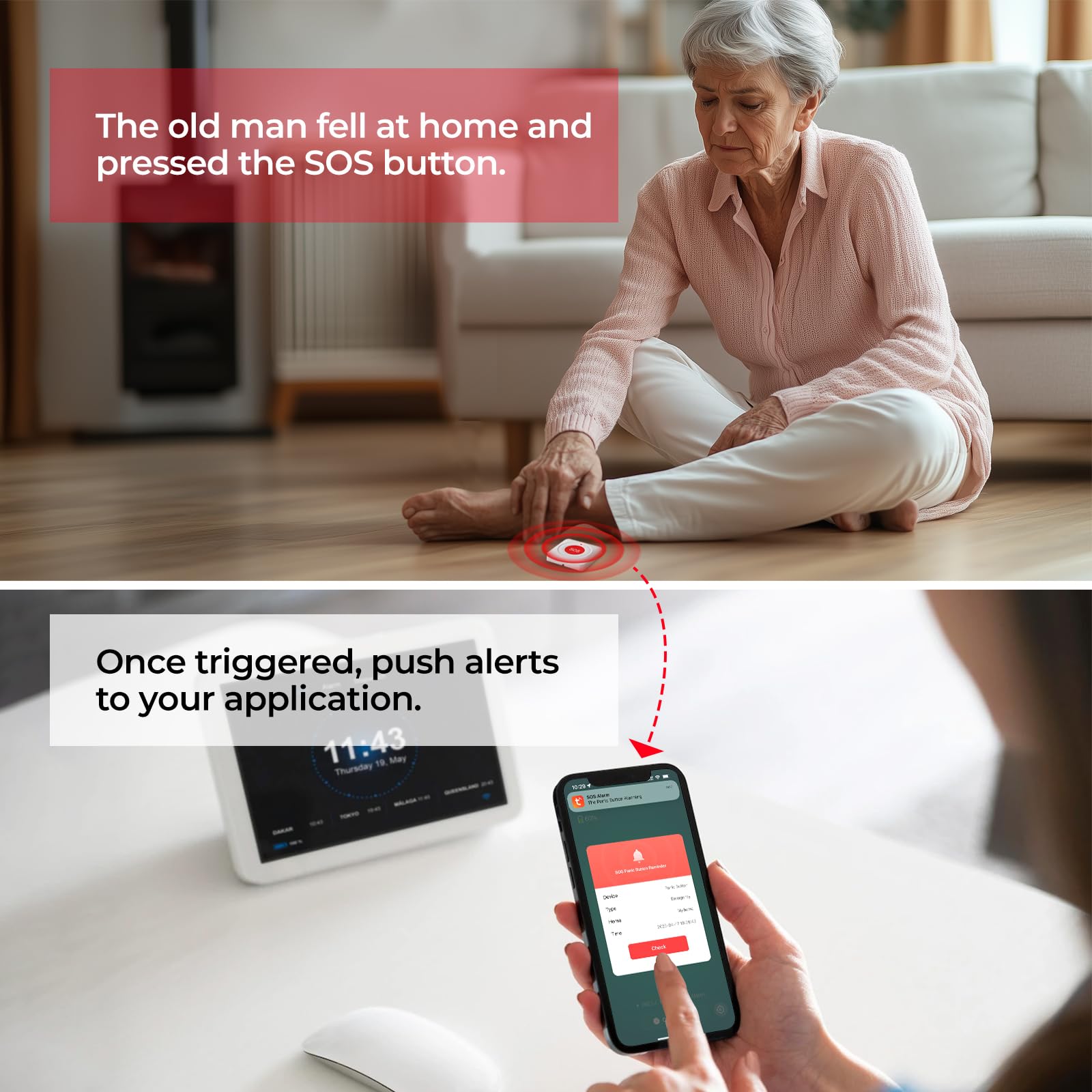 Notrufknopf für Senioren Rufsystem, Tuya WiFi Smart SOS-Notfallknopf, Rote Senioren Notruf*1 (Unterstützt 2.4GHz WiFi),Persönlicher SOS Notfallknopf für ältere Patienten, Kinder