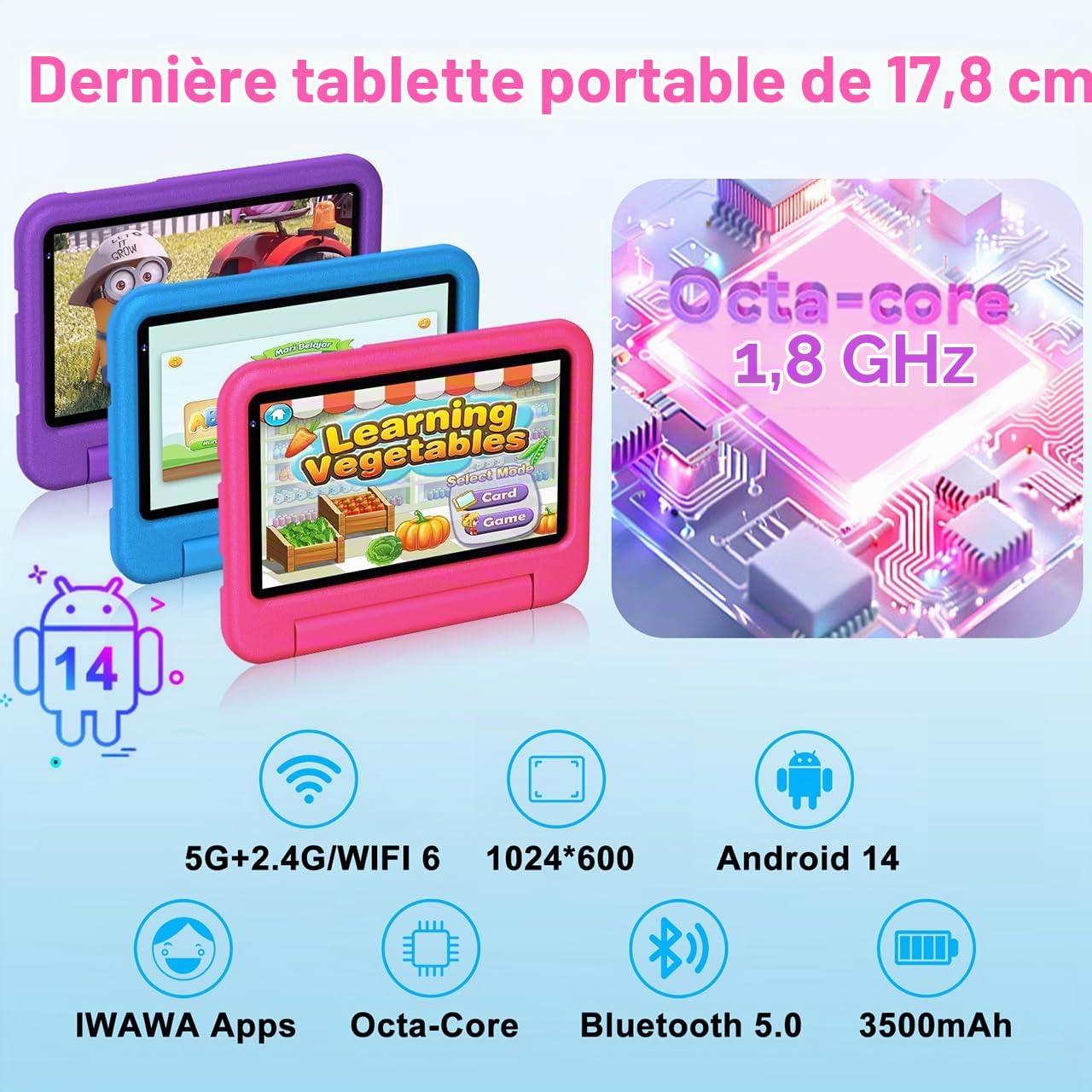 Tablette Enfants 7 Pouces Android AI Tablette avec 10GB RAM+64GB ROM(TF 1TB), Octa-Core|5G+2.4G WiFi 6 | Contrôle Parental | Dual Cameras | Bluetooth 5.0 | iWAWA Tablettes avec EVA Cas-Rose