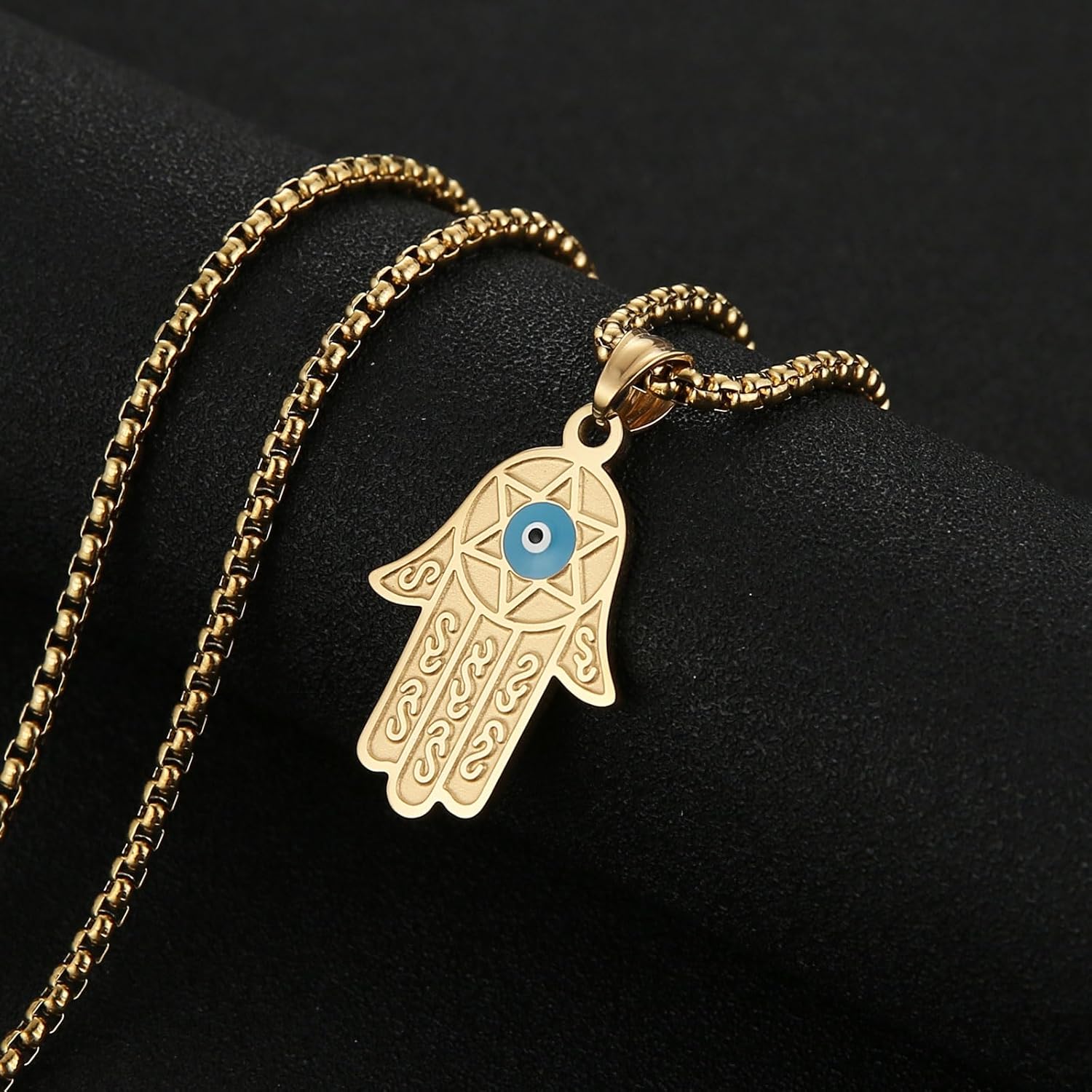 HZMAN Stainless Steel Hands of Fatima Necklace Solomon Hexagram Talisman Necklace with Blue Evil Eye - Image 5