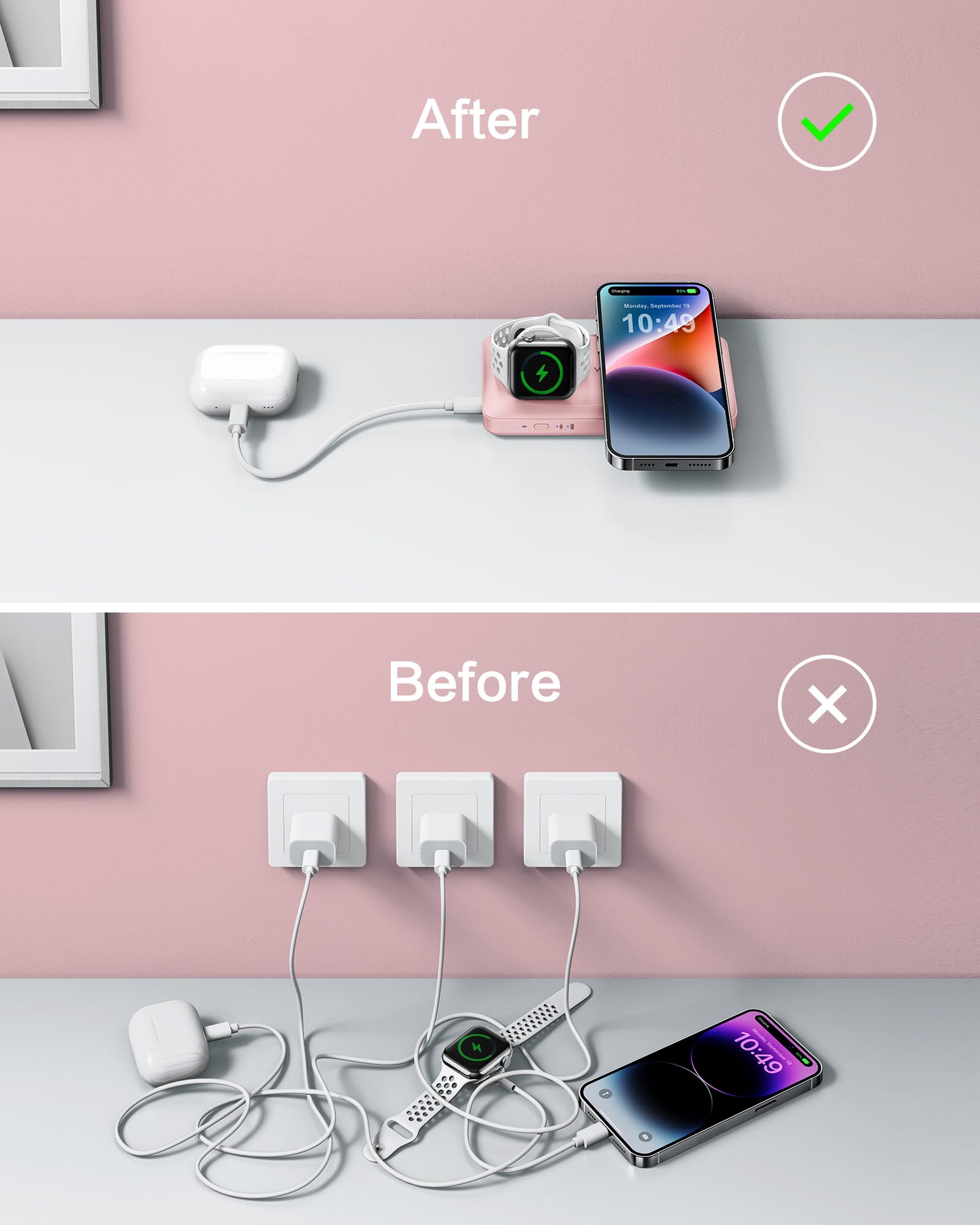 VRURC Power bank Magnetico, PowerBank 10000mAh, Caricabatterie Wireless 3 in 1, Ricarica Rapida da 22,5 W Compatibile con iPhone Serie, Apple Watch Ecc - Rosa