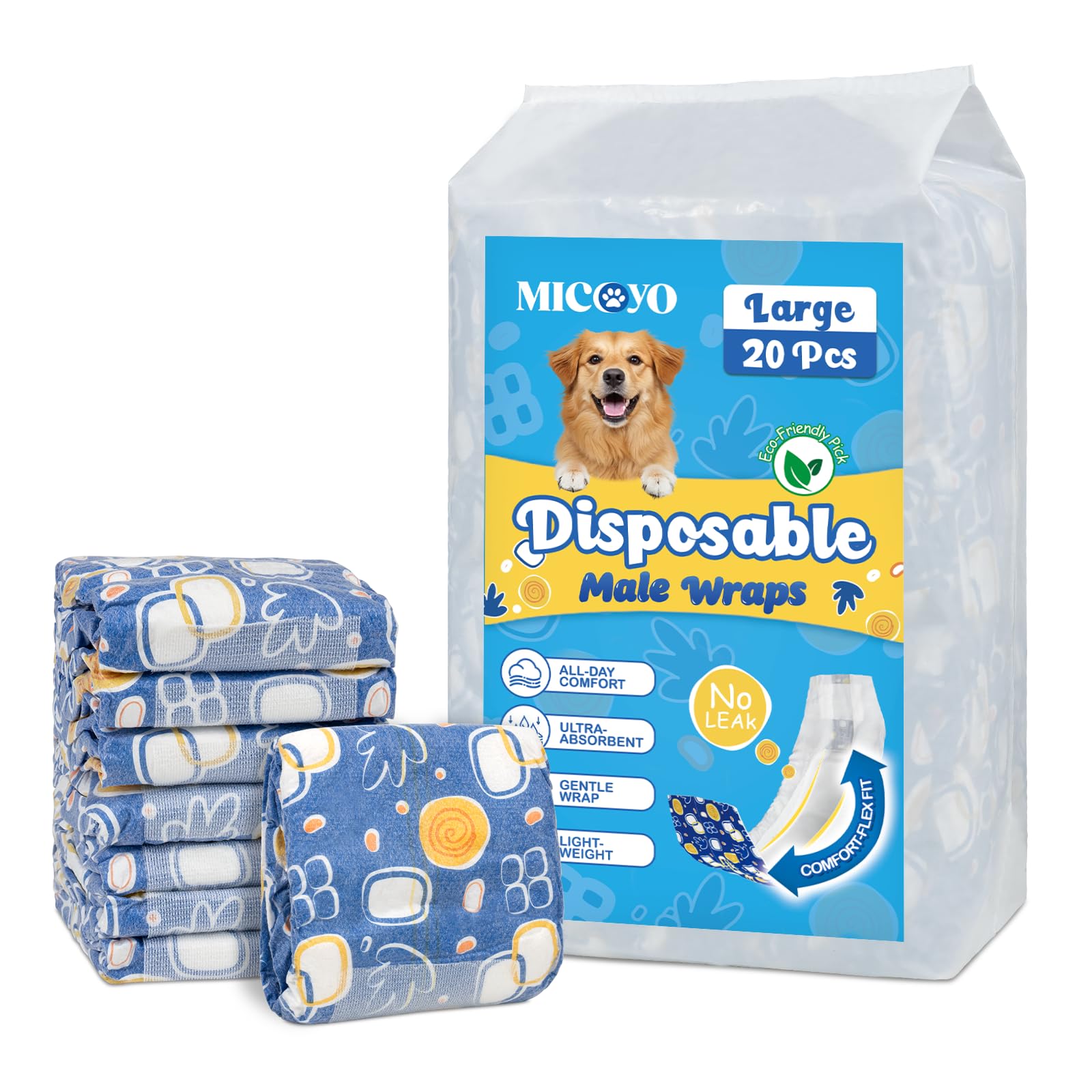 MICOOYO Dog Nappies Male Disposable, Super Absorbent Male Dog Wraps, Belly Bands for Dogs with Wetness Indicator, Doggy Diapers for Incontinence Marking(L, 20Pcs)