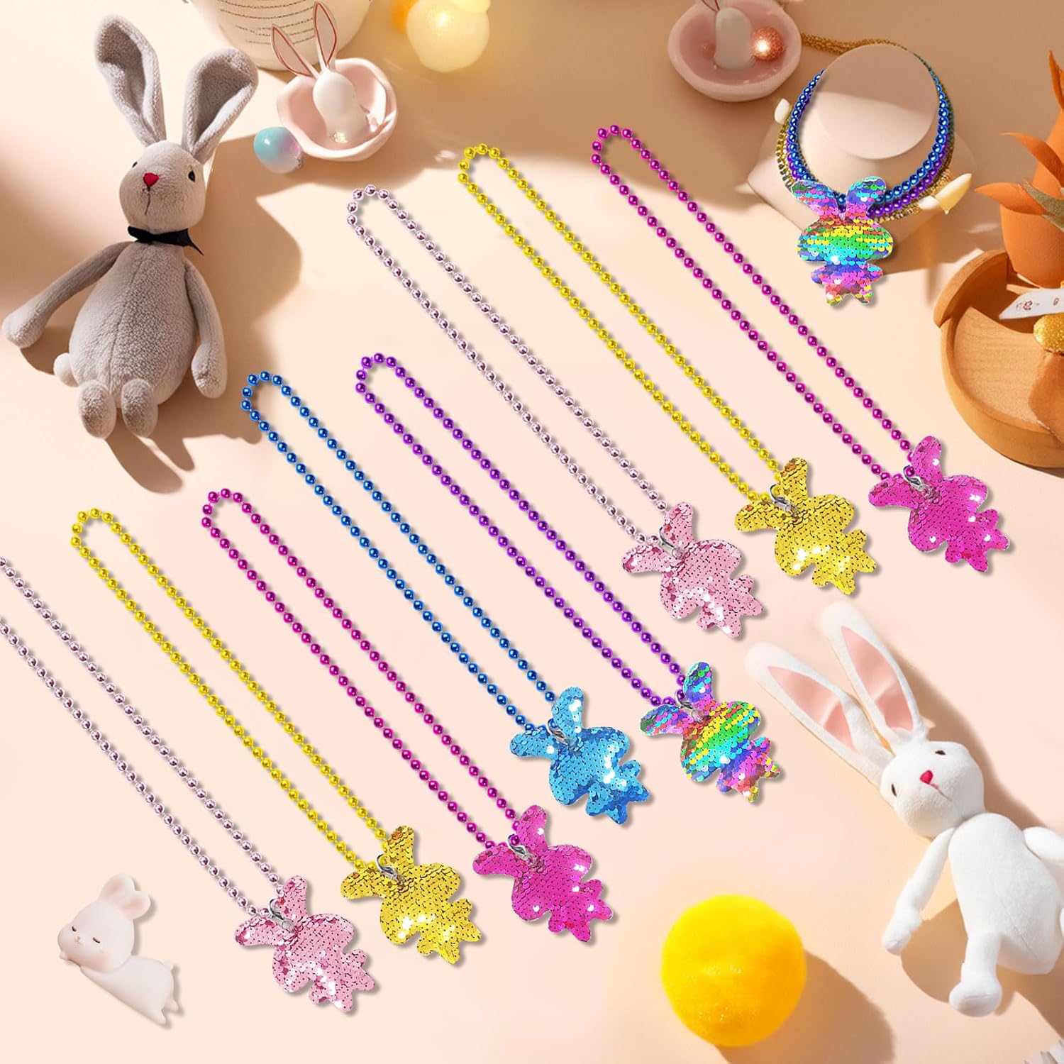 CiciBear 15 Pack Double-Deck Rabbit Sequin Necklace Party Favors with Mardi Gras Beads for Rabbit Party, Home Decorations,Farm Party Supplies,Birthday Celebrations, 5 Colors image 4