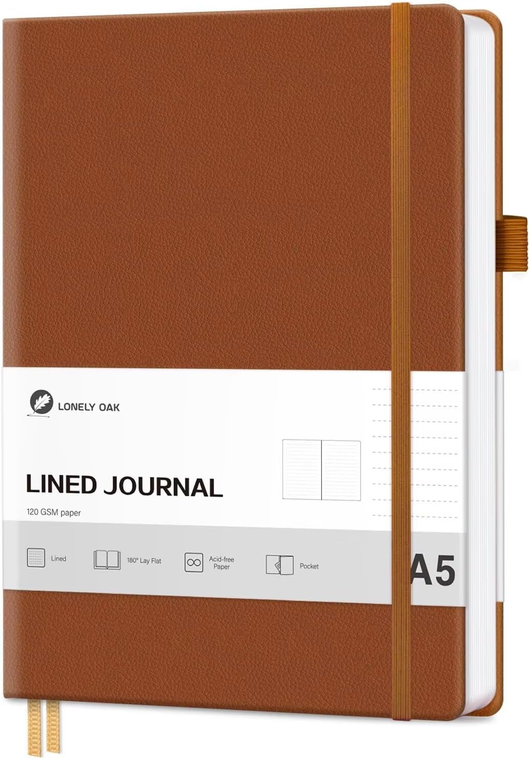 Lonely Oak Notebook A5 Lined Hard Cover 120 g/m  Thick Premium Acid-free Paper 160 Pages Journal with Elastic Band and Inner Pocket 14.5 x 21.3 cm Brown
