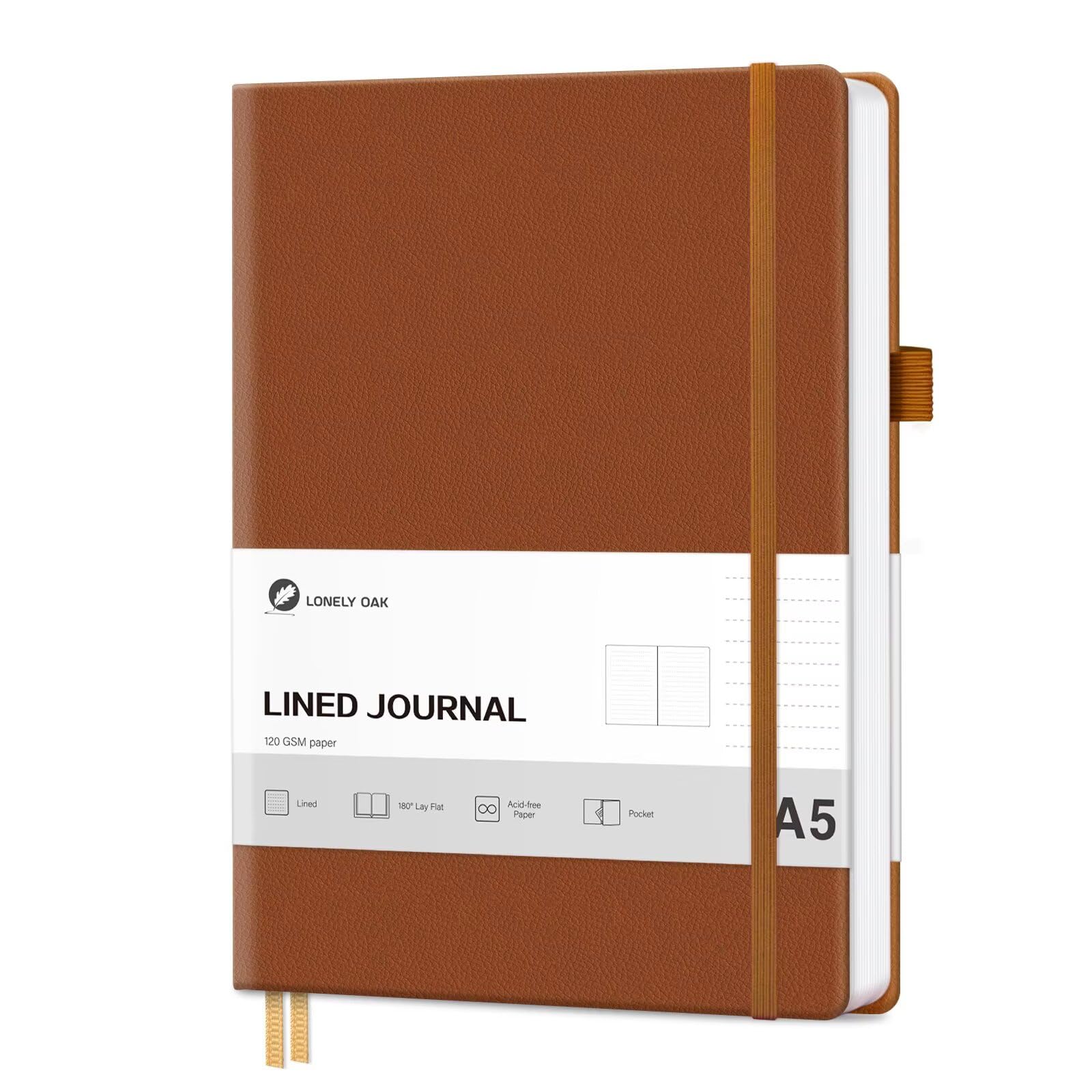 Lonely Oak Notizbuch A5 Liniert Hardcover, 120g/m²Dickes Premium Säurefreies Papier, 160 Seiten Journal mit Gummiband & Innentasche, 14,5 x 21,3 cm (Braun)