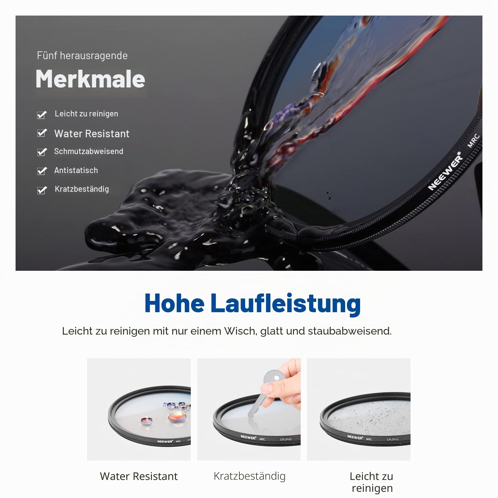 NEEWER 77mm Polarisationsfilter(Polfilter),CPL Filter mit 30 lagiger Mehrschicht Polarisationsfolie,Blendung reduzieren/Kontrast verbessern/Ultra dünn/Reflexion reduziert/HD optisch Glas