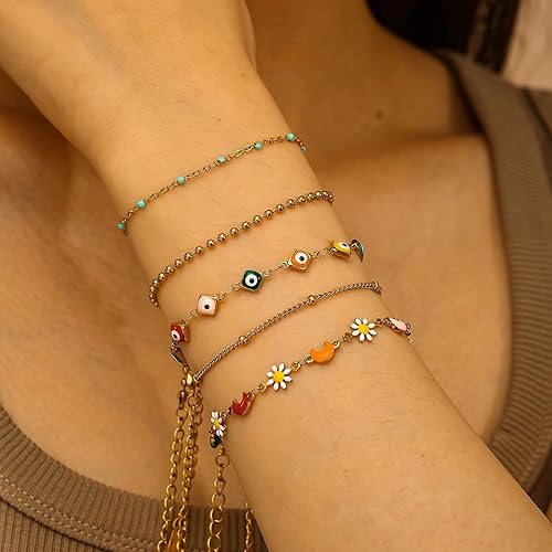 Miniatura 3 de Pulseras de oro para mujer, delicadas pulseras apilables chapadas en oro de 18 quilates para mujer, juego de pulseras de oro que no se deslustra,