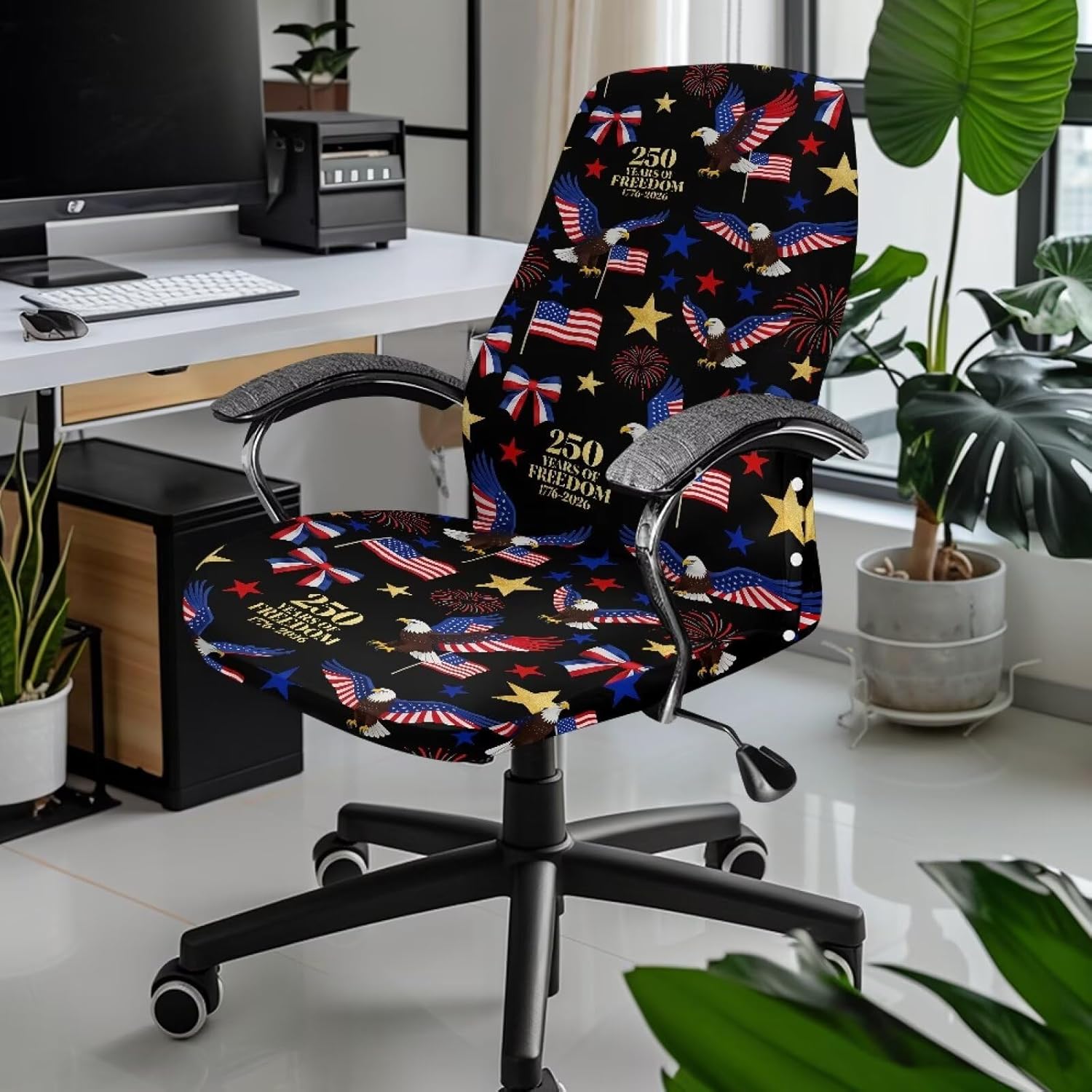 250 Years of Freedom Bald Eagle Manager Chair Cover Black Patriotic Flag and Fireworks Stretch Office Chair Cover Washable Chair Protector for USA 250th Anniversary Home Office Decor