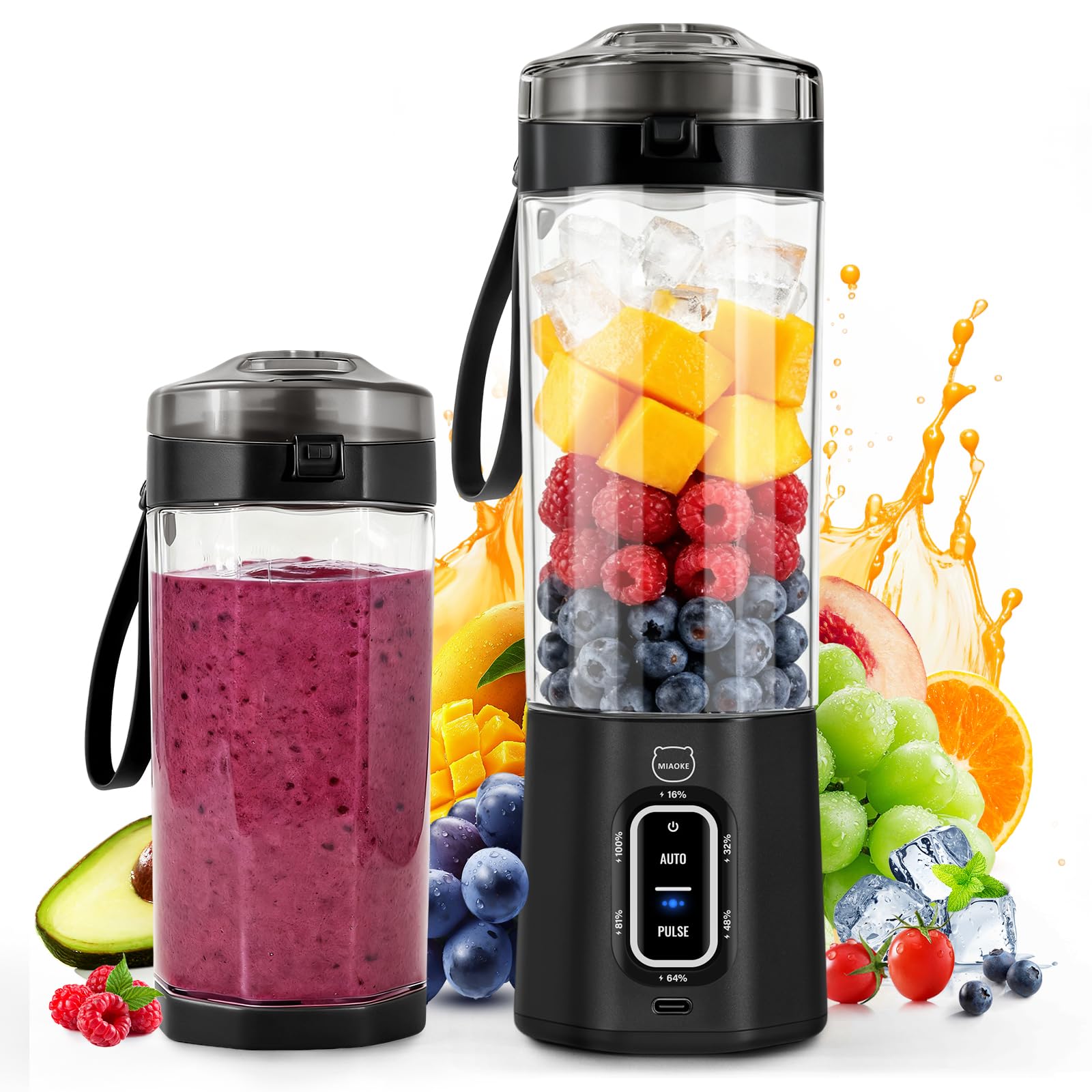 MIAOKE 2026 Upgrade 700 ML Portable Smoothie Blender, Rechargeable Personal Blende, Contains both Automatic and Pulse Functions, with Travel Cup and Lid, 6 Sharp Blades, Mixer Blender Machine Black