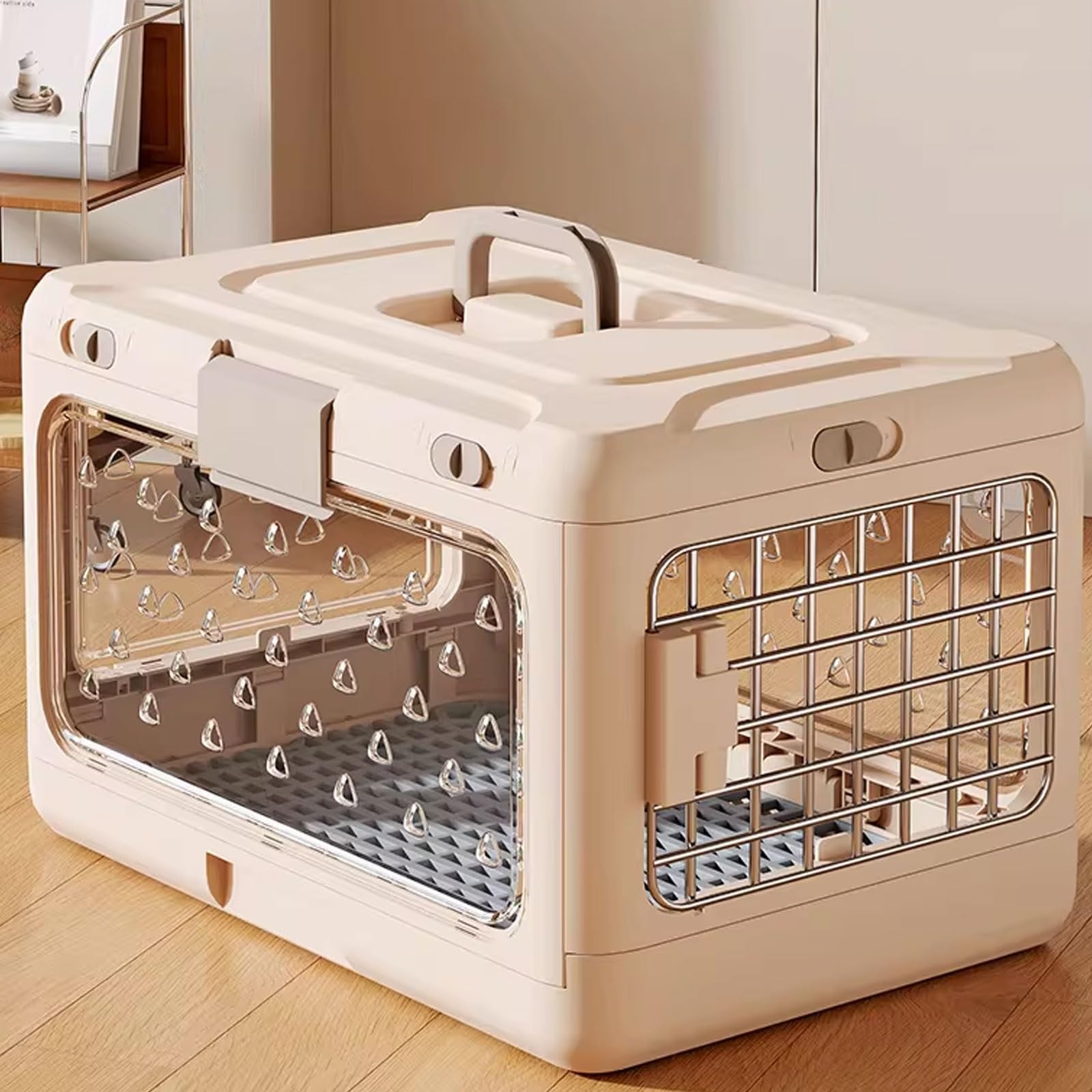 Gabbia per cani pieghevole, design trasparente pieghevole con cuscinetto impermeabile, facile da pulire, cuccia per interni, realizzata in materiale PP
