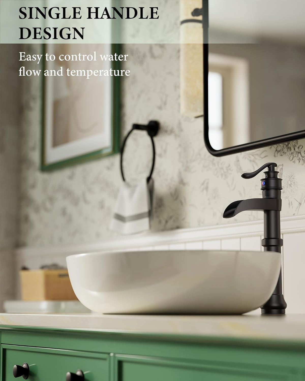 Homevacious Black Bathroom Faucet Vessel Sink Matte Waterfall Farmhouse Single Hole Antique Bowl with Pop Up Drain Stopper Lavatory One Handle Supply Line Without Overflow