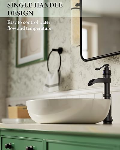 Miniatura 4 de Homevacious Grifo de baño negro para lavabo, cascada mate, cuenco antiguo de un solo orificio con tapón de drenaje emergente, línea de suministro de