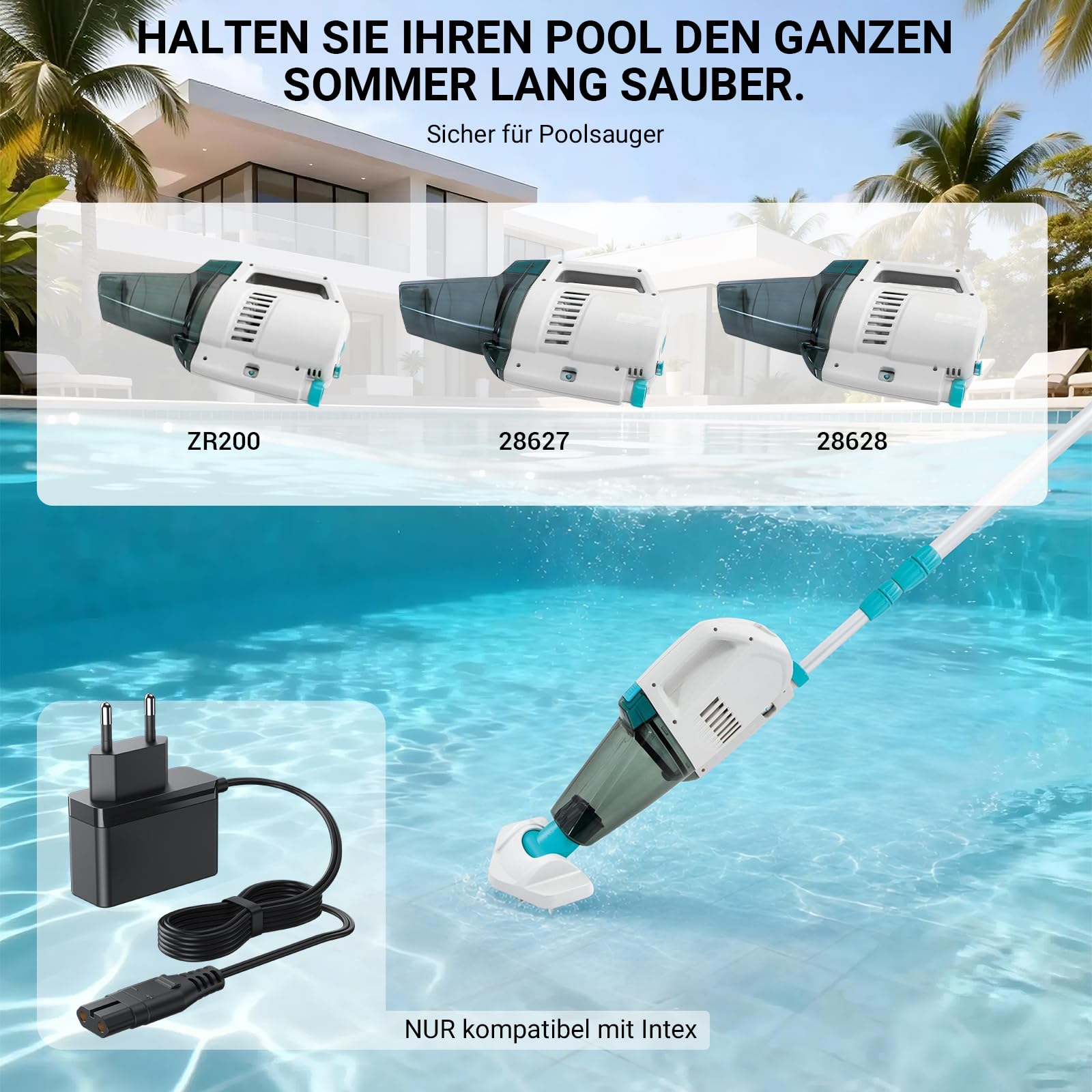 Netzteil für Poolsauger Kompatibel mit Intex Pool- und Spa-Staubsauger ZR200 28627 28627E 28628 28628BS Ersatz-Ladegerät Ladekabel Adapter 1,8m Kabel