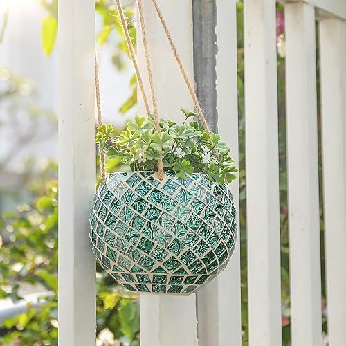 Miniatura 5 de Maceta colgante de cerámica con mosaico, maceta colgante para plantas de interior, maceta de bola de discoteca con drenaje