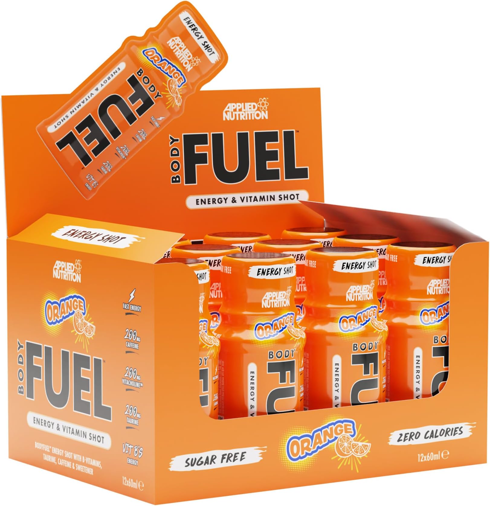 BodyFuel Energy Shot - Body Fuel Prime Energy Shot, Physical Performance with B-Vitamins, Taurine, Caffeine, Sugar Free, Zero Calories (Box 12 Units x 60ml) (Orange)