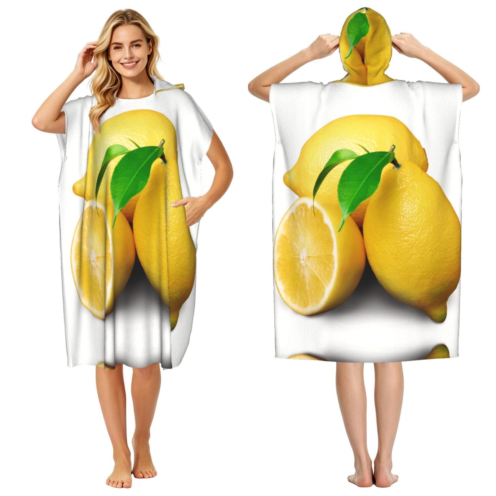 EZDLOWVBA Lemon Print Hooded Poncho Microfiber Beach Towel,Adult Women & Men Changing Robe,Lightweight Summer Surf Swim Bath Poncho Towel