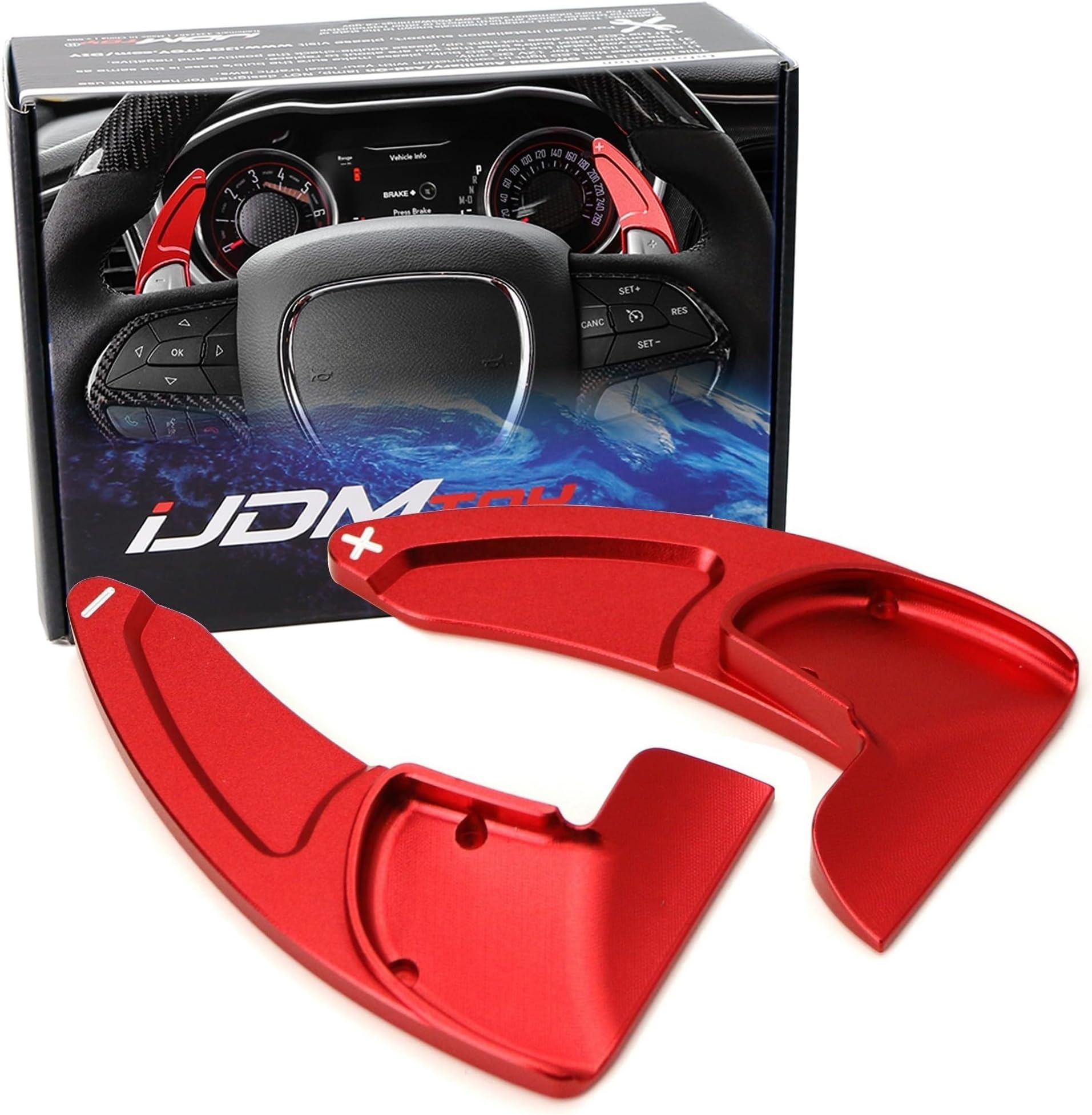 iJDMTOY Paddle Shifter Extensions for Dodge Challenger/Charger/Durango | Also Jeep Grand Cherokee/300/300C, Red CNC Aluminum, Racing Sport Style, Easy Add-On, Better Handling