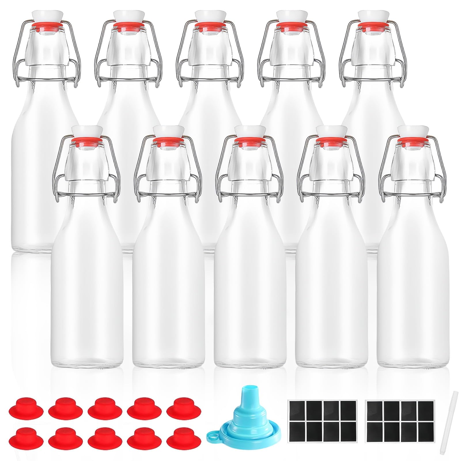 DYUEE Glass Bottles with Stoppers & Screw Caps Clear Swing Top Glass Bottles Transparent Beer Bottle with Flip Top Stopper for Brewing Beer Kombucha Alcohol Juices Wine Beverage Vinegar (10PCS 250ml)