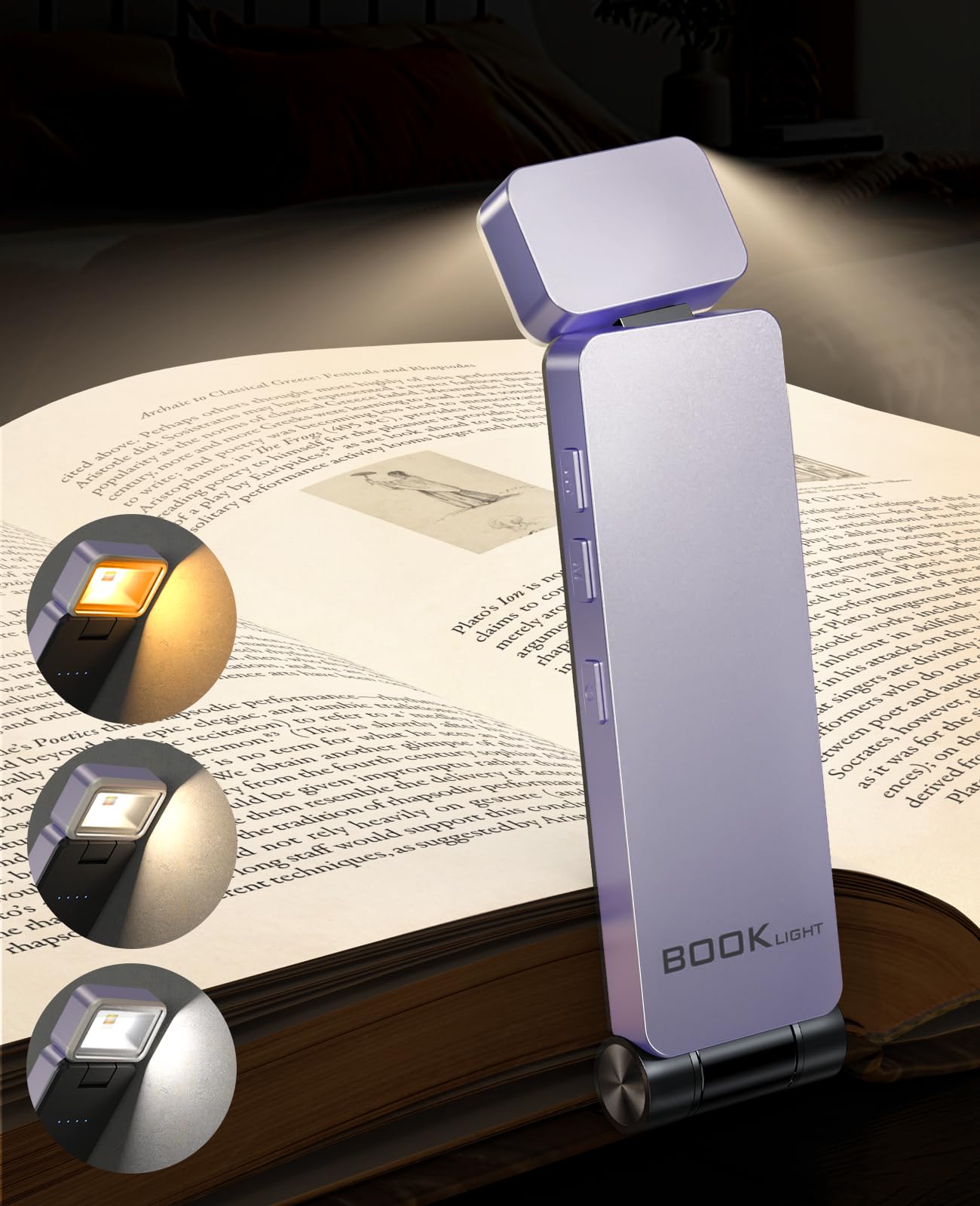 MEDE Clip-on Book Reading Light - Dimmable LED with 3 Color Temperatures, USB Rechargeable, Portable Bookmark Light for Night, Kids (Purple)