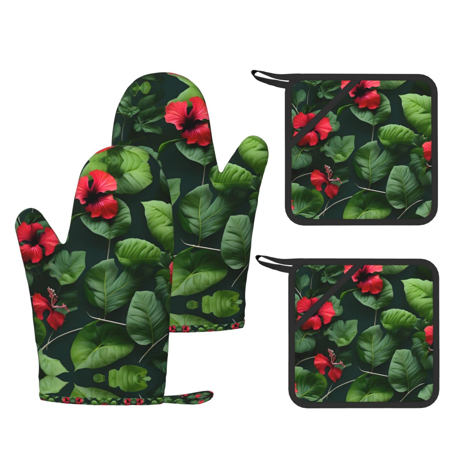 Vegetation Leaves with Hibiscus Flowers Printed Kitchen Set with Heat Resistant Oven Gloves & Non-Slip Pot Holders for Daily Cooking