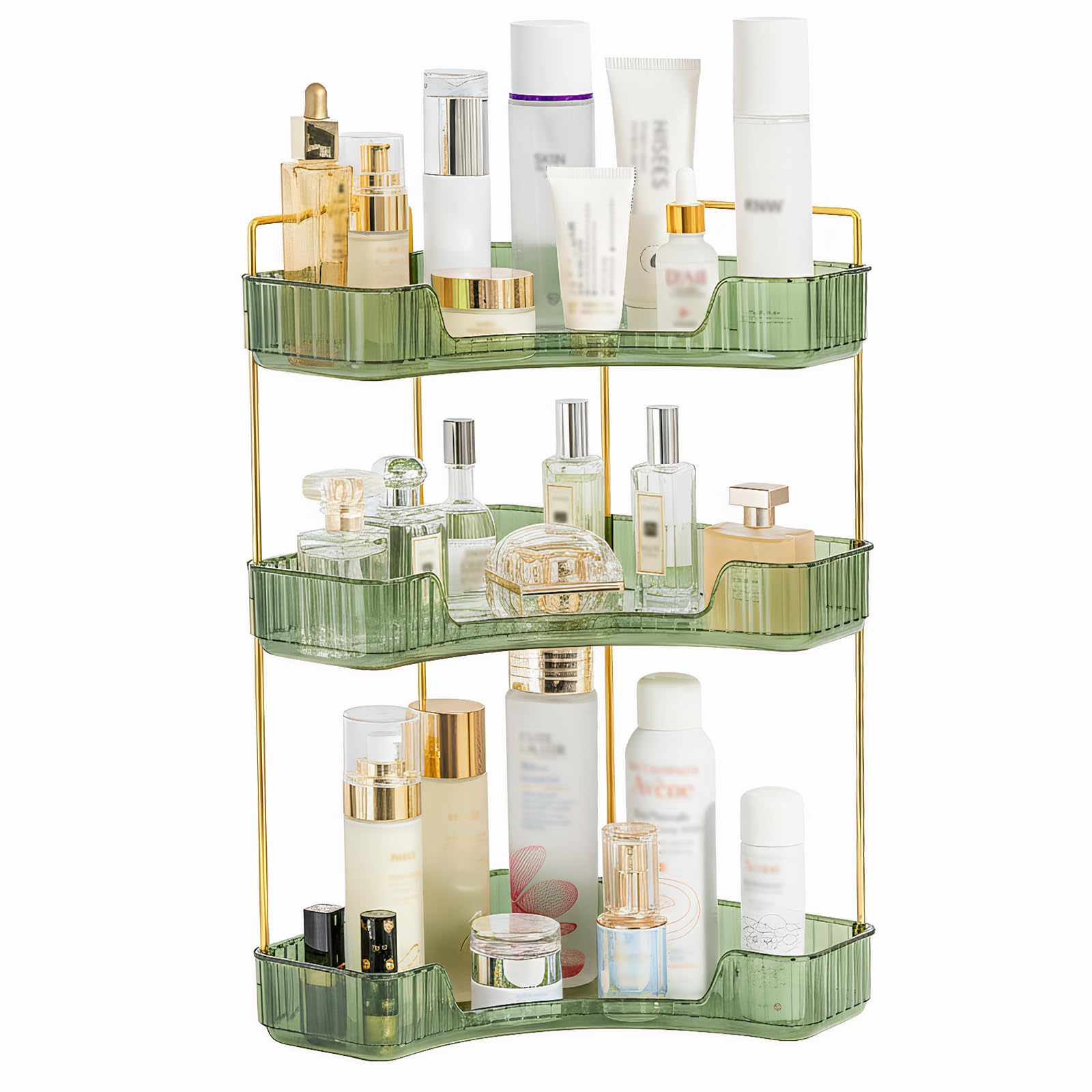 SHANNA Eckiger Make Up Kosmetik Organizer: Verstellbarer Organizer mit Großer Kapazität, für Lippenstifte, Lidschatten und Pinsel, Aufbewahrungsbox für Schminktisch oder Kommode (3 Etagen, Grün-B)