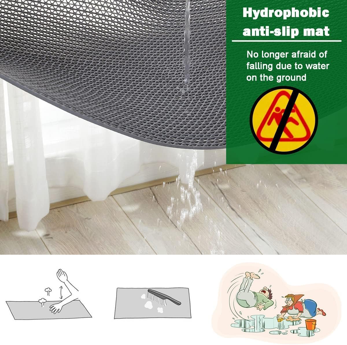PVC Drainage Floor Mat Non-Slip Commercial Wet Area Mat for Outdoor and Indoor Restaurant Kitchen Bar Swimming Pool Splash Matting Water Drain Flooring Mat,Grey (Grey, 3X15.4)