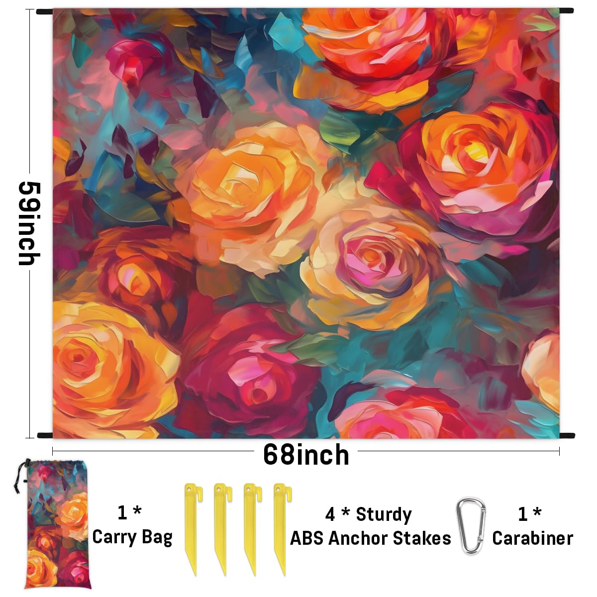 Eabrults Waterproof Sandproof Beach Blanket, 59''×68'' Oil Paintings Polyester Outdoor Picnic Blanket with 4 Stakes & Storage Bag for Beach,Camping,Vacation Rose