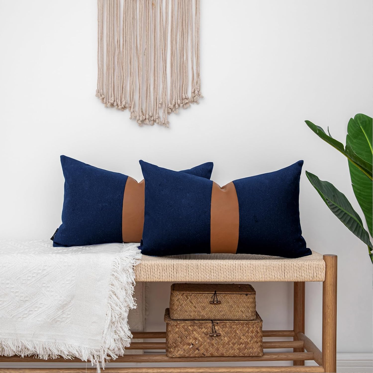 Pack of 2 Navy Blue Lumbar Decorative Pillow Covers 12x20 Inch for Living Room Couch Sofa Bed,Modern Faux Leather Rectangle Cushion Case 30x50 cm,Rustic Farmhouse Boho Home Decor - Image 4