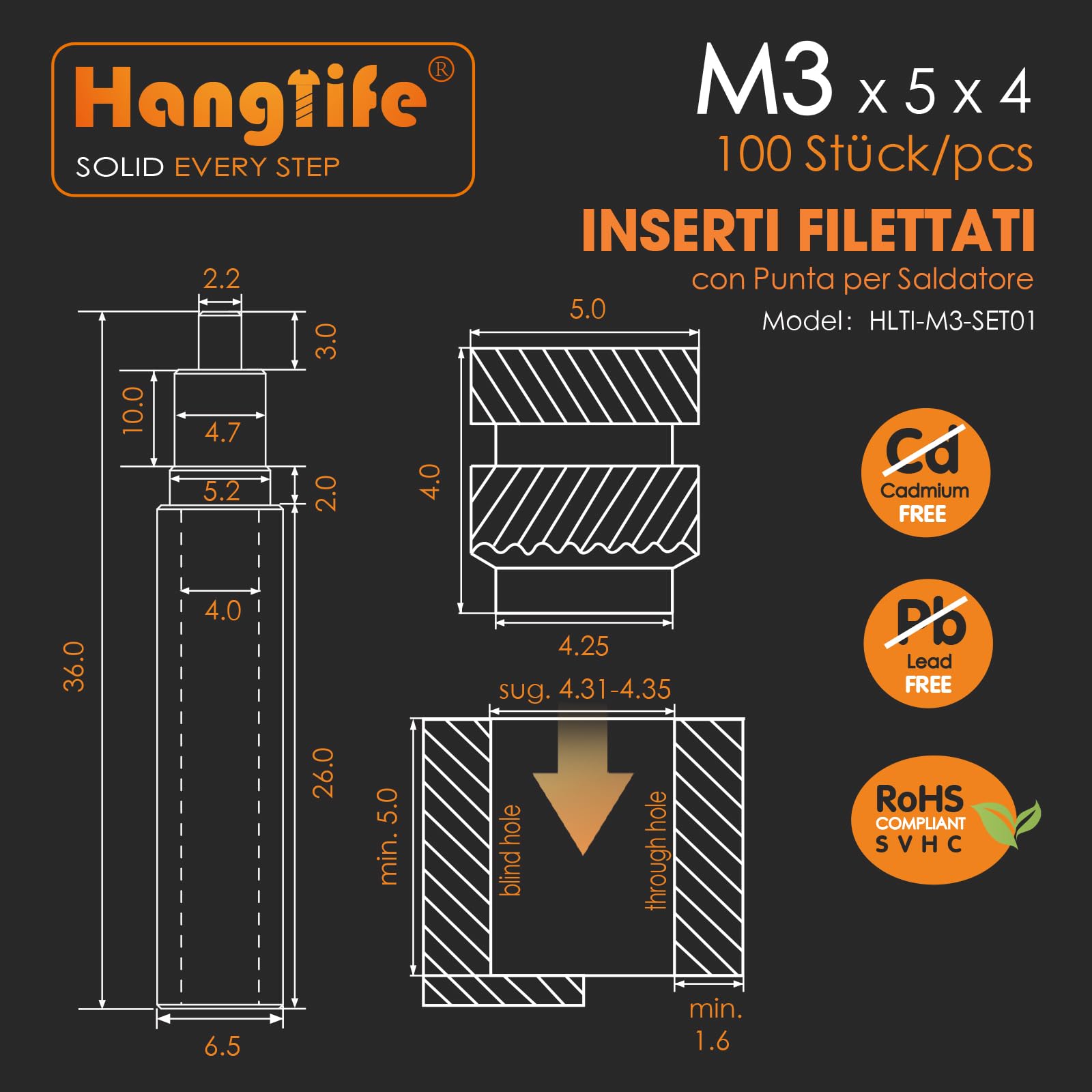 HANGLIFE M3 Inserti Filettati a Caldo con Punte Saldatore Stagno, Inserto Filettato per Componenti di Stampa 3D e Parti in Plastica - Dadi Scanalati Metrici in Ottone (100 Pezzi)