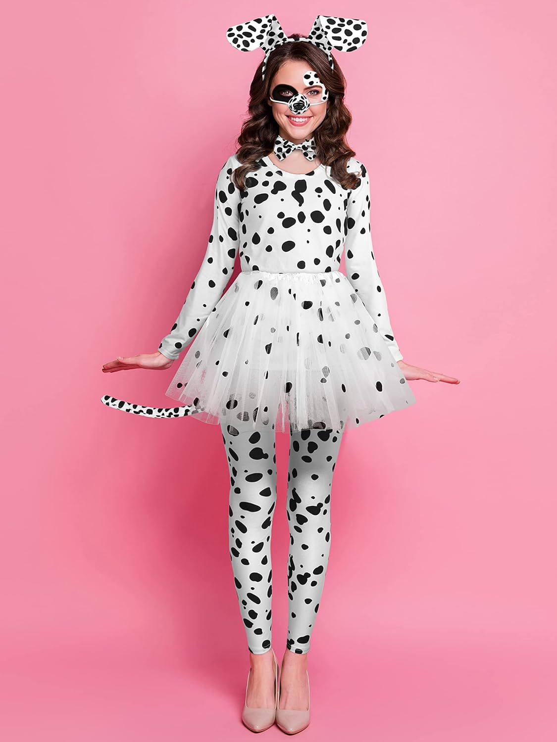 SOMSOC 8 Pieces Halloween Women Dalmatian Dog Costume Set 100 Days Long Sleeve Pant Accessories for Halloween Cosplay - Image 5