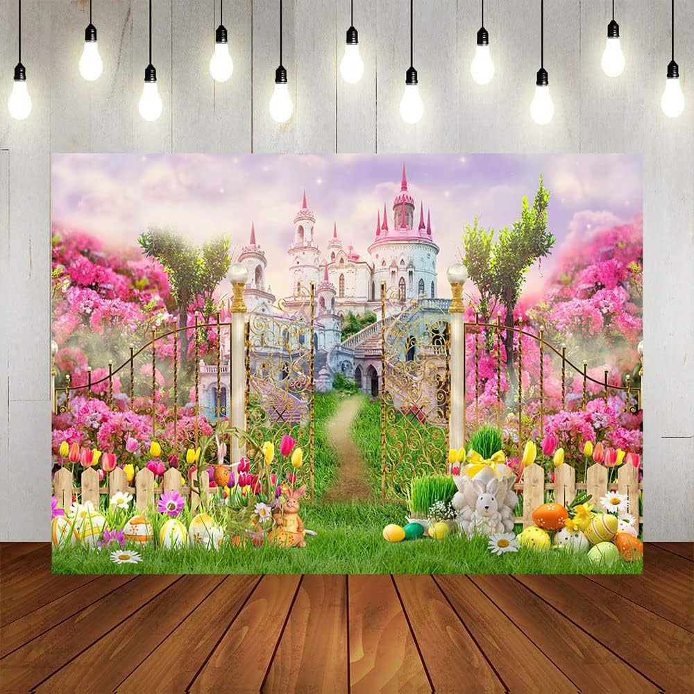 Avezano Spring Easter Photography Backdrop Colorful Eggs Rabbit Princess Castle Green Grass Background Garden Flower Baby Shower Birthday Wedding Kids Children Portraits Photo Studio Props (7x5)