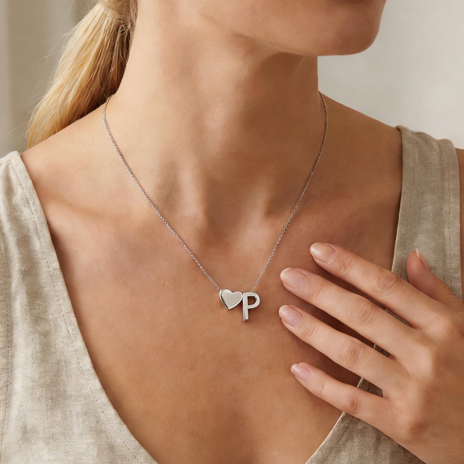 WIGERLON 18K Silver Plated Heart Initial Necklace - Personalized A-Z Letter Dainty Pendant for Women, Valentine's Day, Birthday Gift for Girlfriend, Wife, Daughter 5-10 Year Old - Image 2