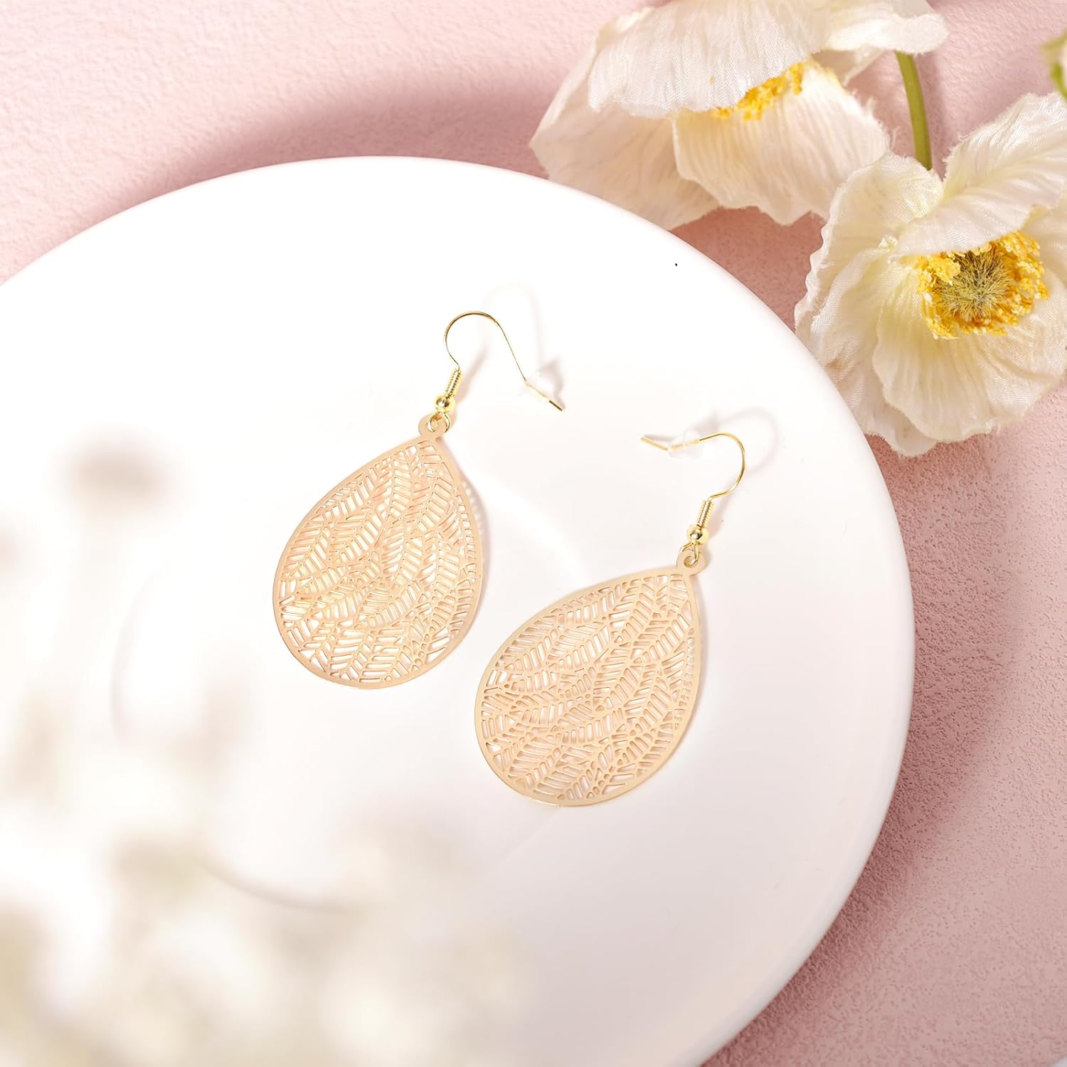 Handmade Filigree Teardrop Leaf Earrings - Copper Dangle Earrings for Women, Stylish Jewelry Gift (Gold) - Image 5