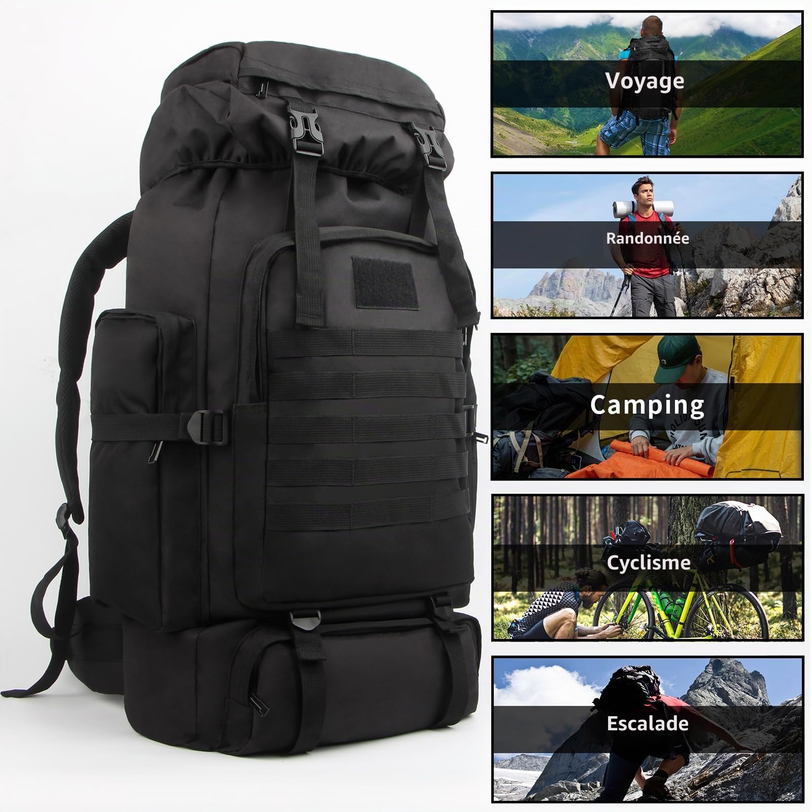 Sac à dos de randonnée Molle de grande capacité - Cadre tactique durable - 80 l - Sac à dos avec port de charge USB pour homme et femme - Pour le camping, l'escalade, l'extérieur, les voyages